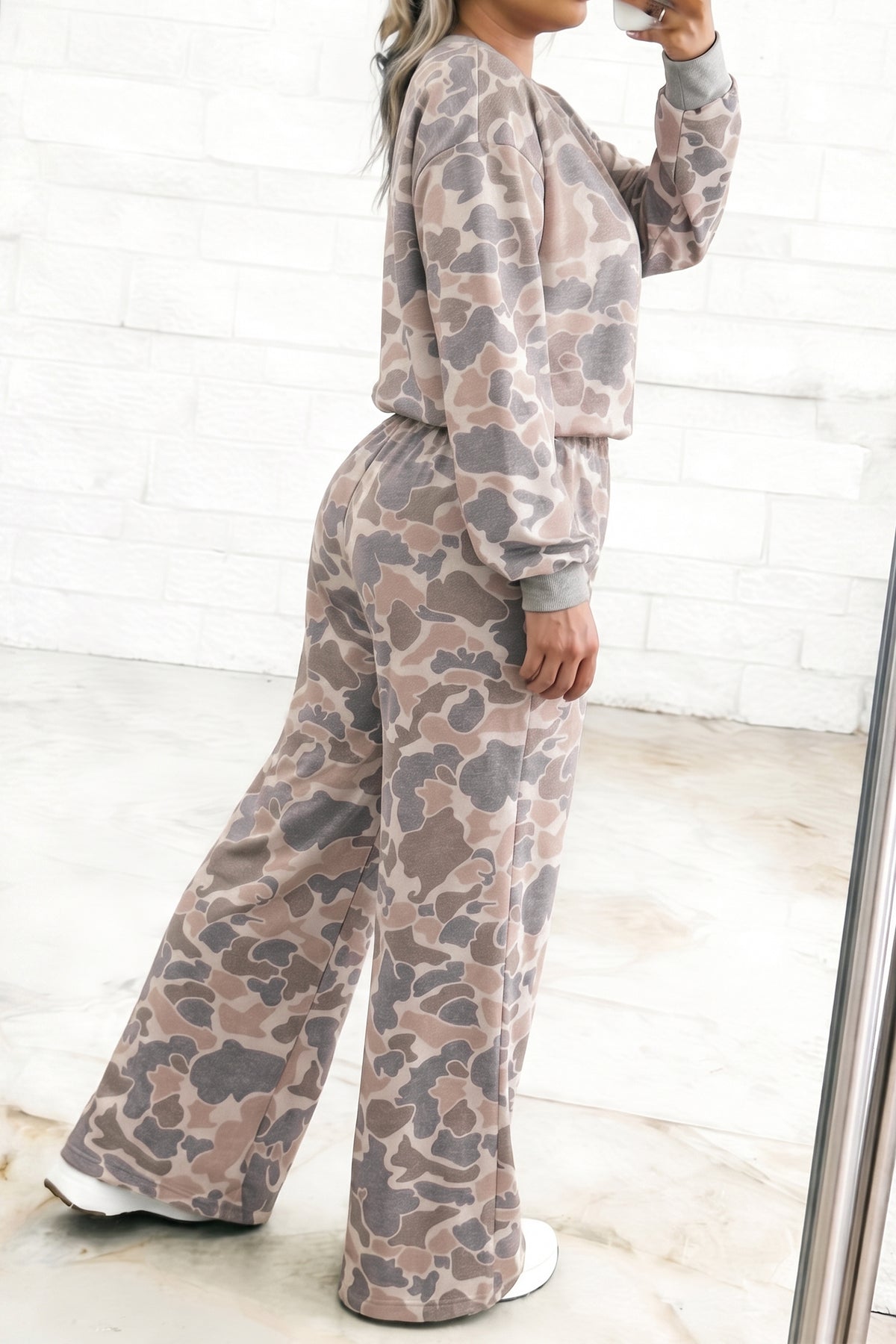 Multicolour Camouflage Long-Sleeve Round-Neck Two-Piece Plus Size Set