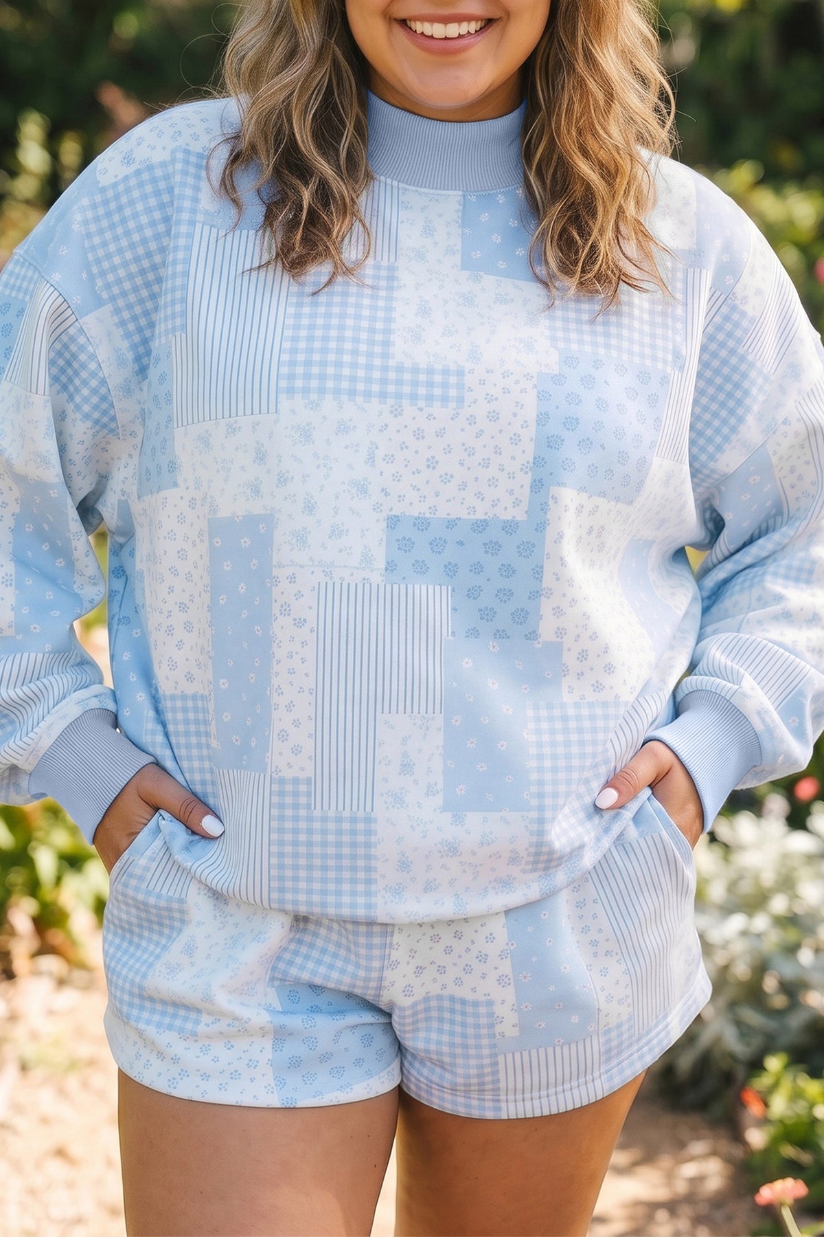 Sky Blue Patchwork Floral Print Stand Neck Long-Sleeve Two-piece Outfit Plus Size Set