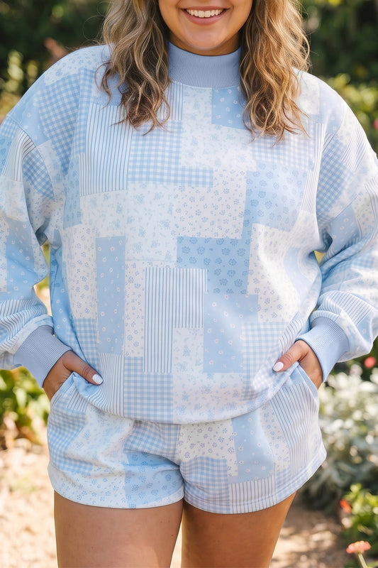 Sky Blue Patchwork Floral Print Stand Neck Long-Sleeve Two-piece Outfit Plus Size Set