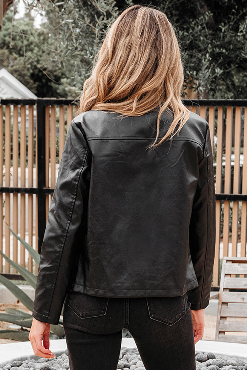 Black Faux Leather Buttoned Front Boxy Jacket