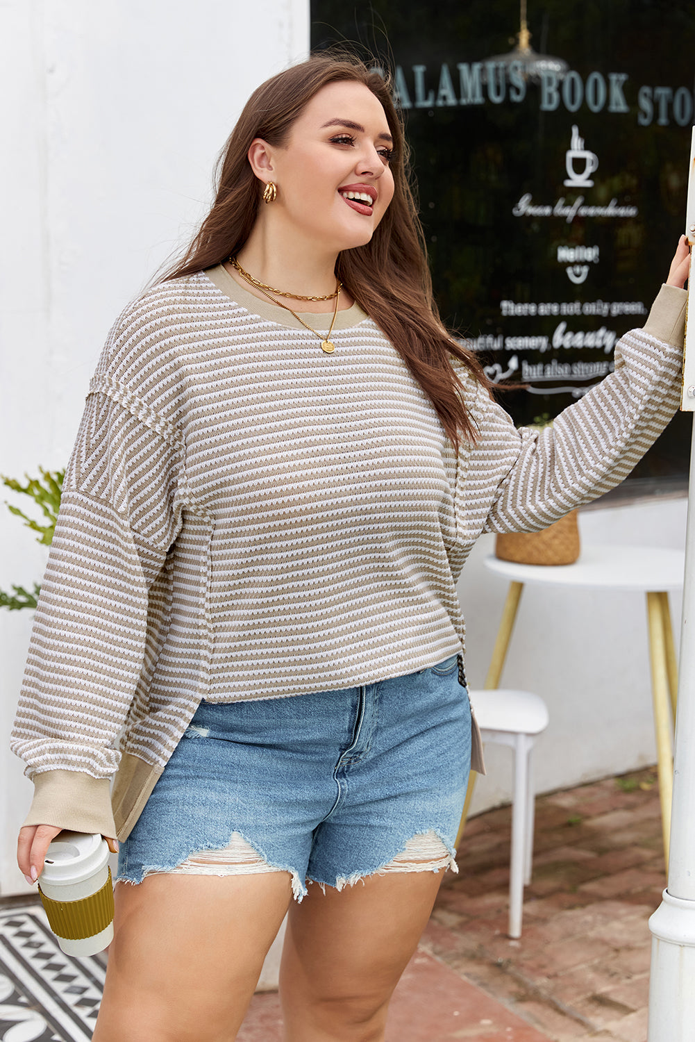 Brown Stripe Plus Size Breathable Knit Ribbed Trim Long-Sleeve Top