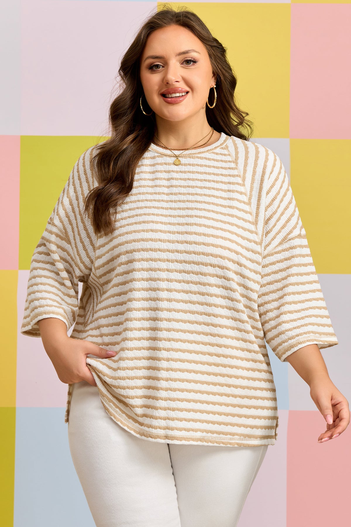 Apricot Stripe Plus Size Textured Patchwork Detail Half-Sleeve Top