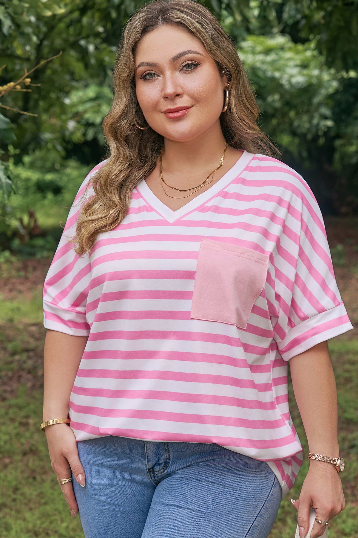 Pink Stripe Color-Block Patched Pocket V-Neck Plus Size Tee