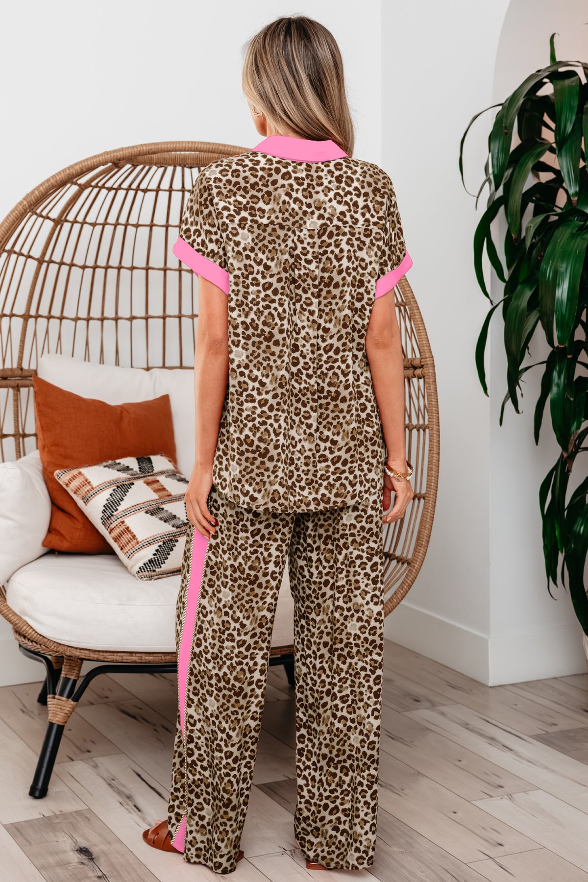 Women's Brown Contrast Trim Leopard Top & Pants Two-Piece Set