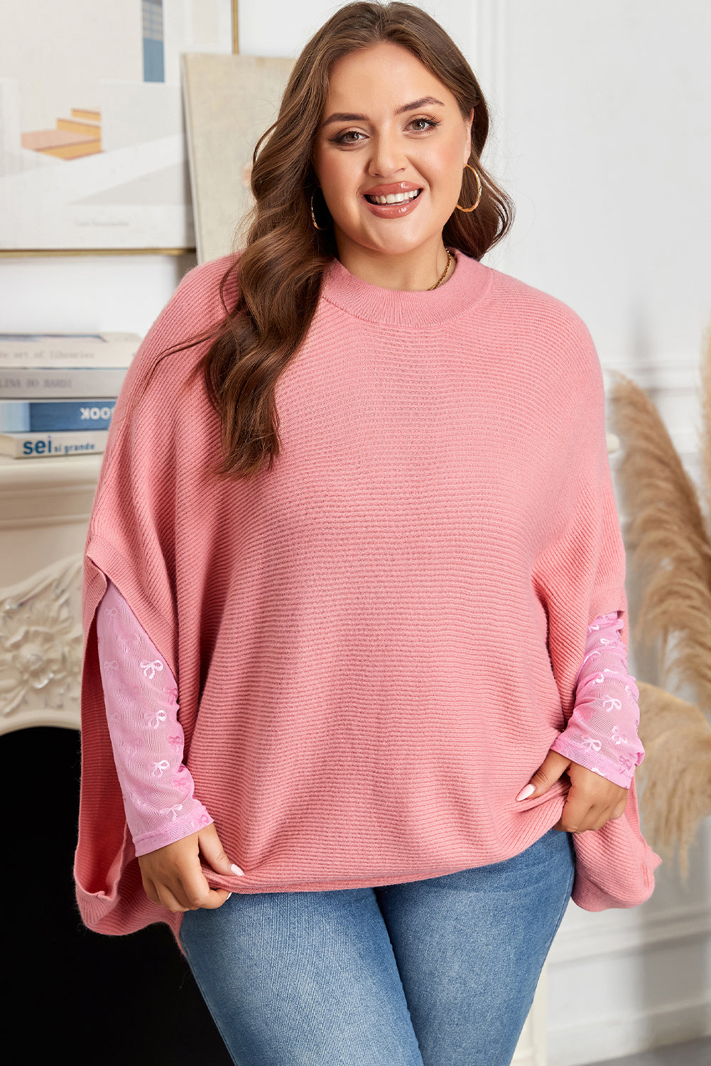 Light Pink Ribbed Knit Half-Sleeve Plus Size Poncho Style Sweater