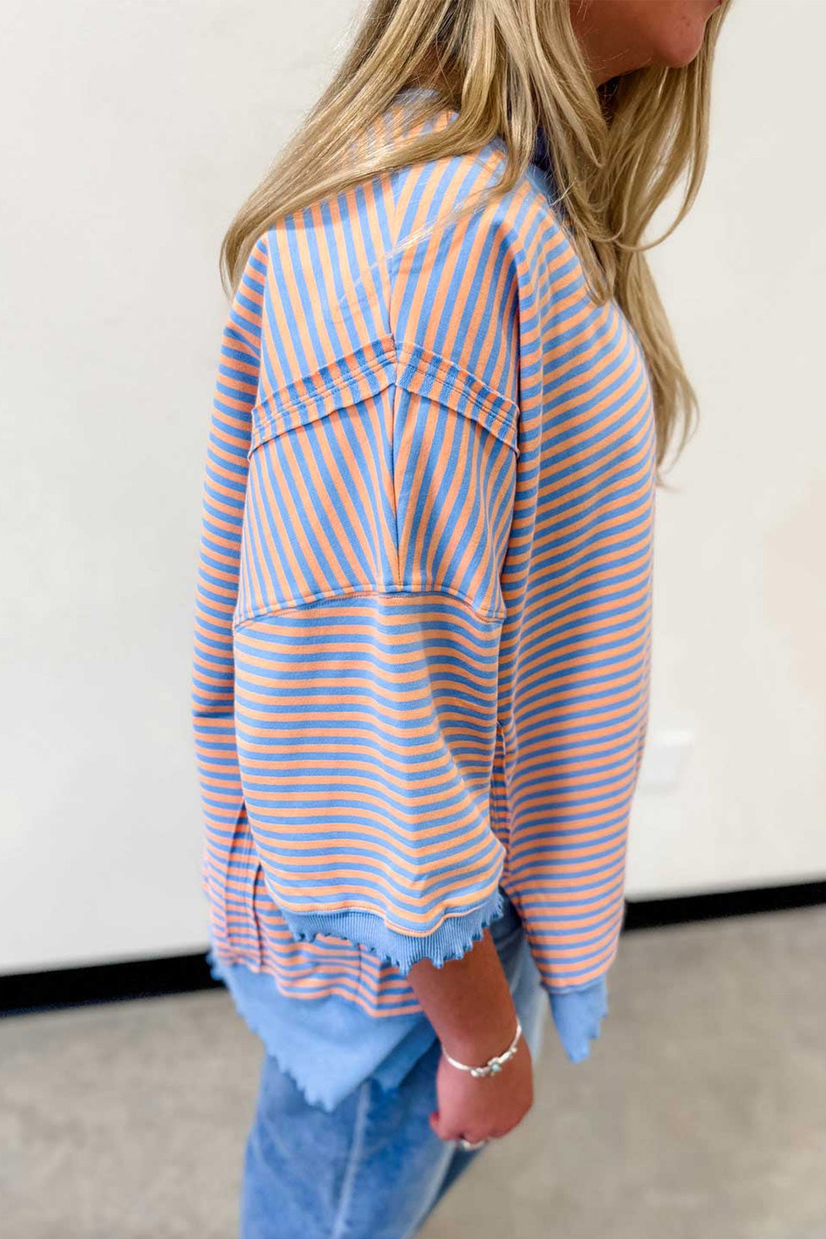Sky Blue Stripe Colorblock Scalloped Trim 3/4 Sleeve Top