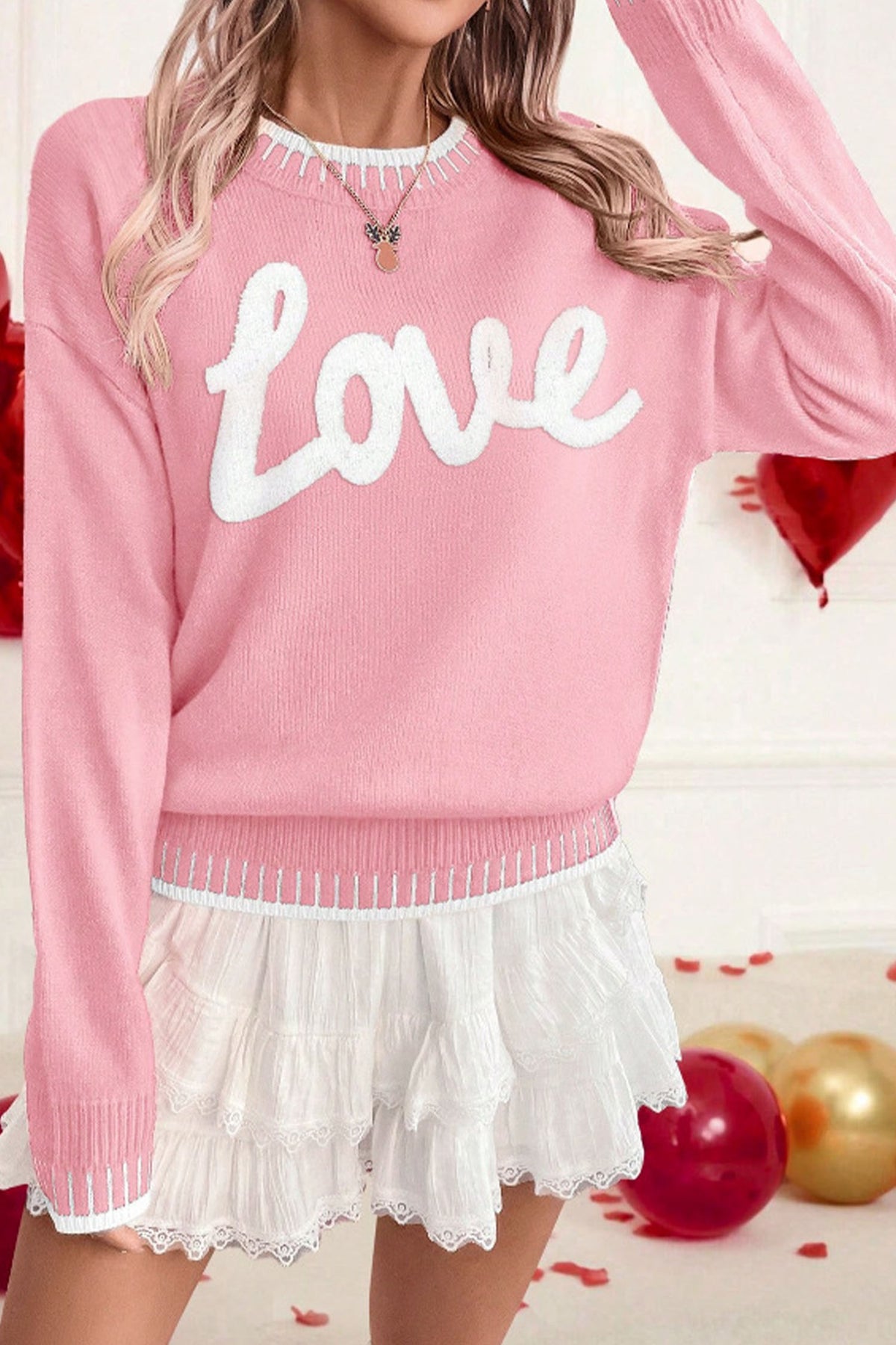 Pink Valentine Love Chenille Letter Graphic Sweater