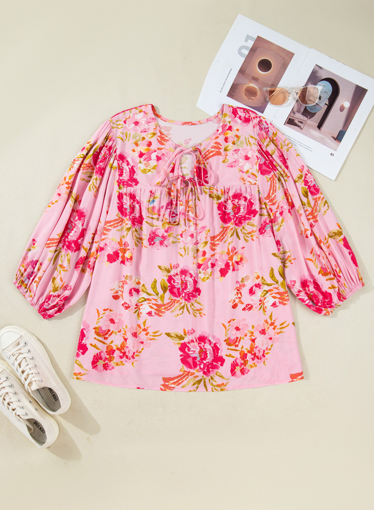 Pink Plus Size Floral Print V-Neck Tie Front Short-Sleeve Tunic Top