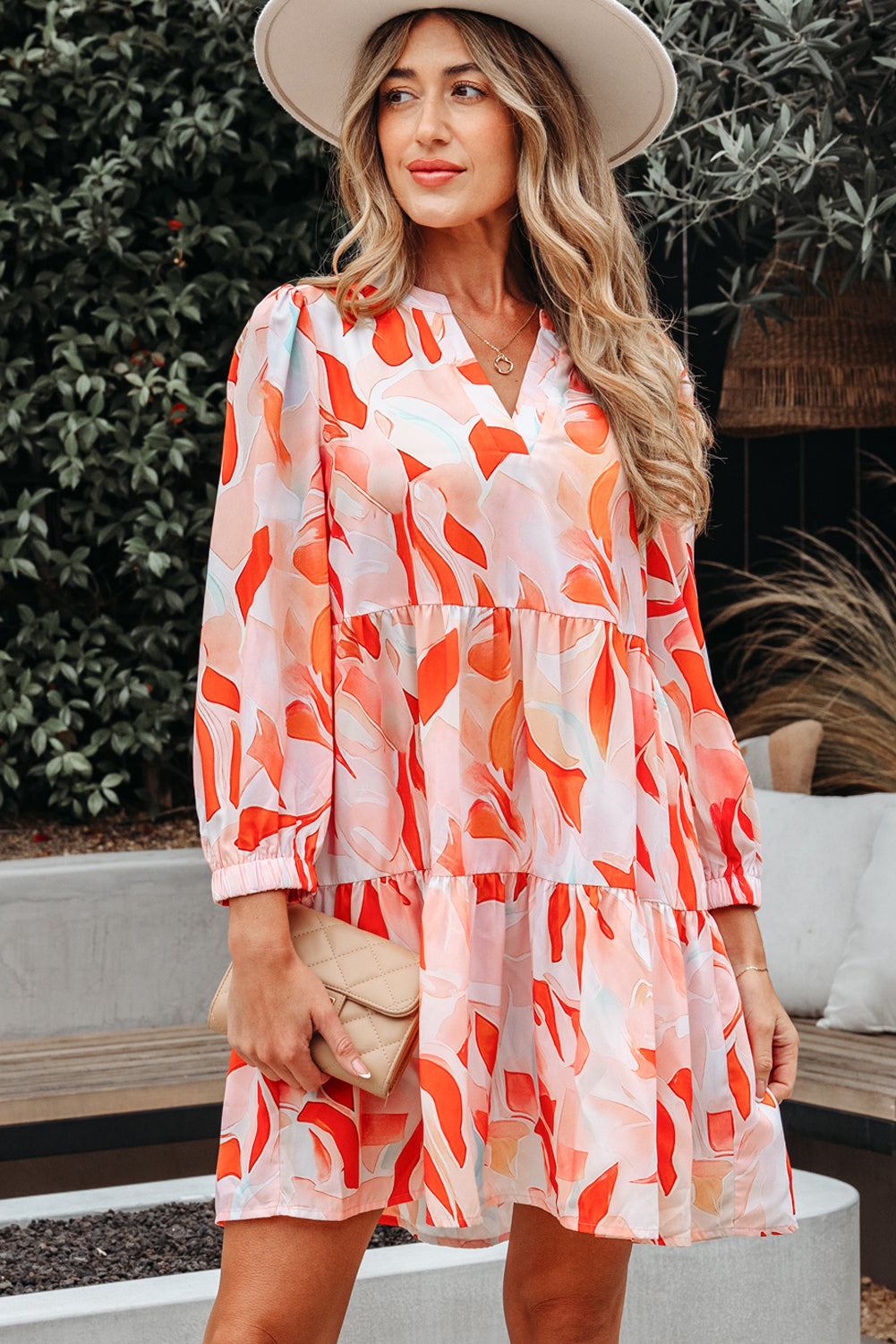 Orange Abstract Print Split Neck Long Sleeve Dress