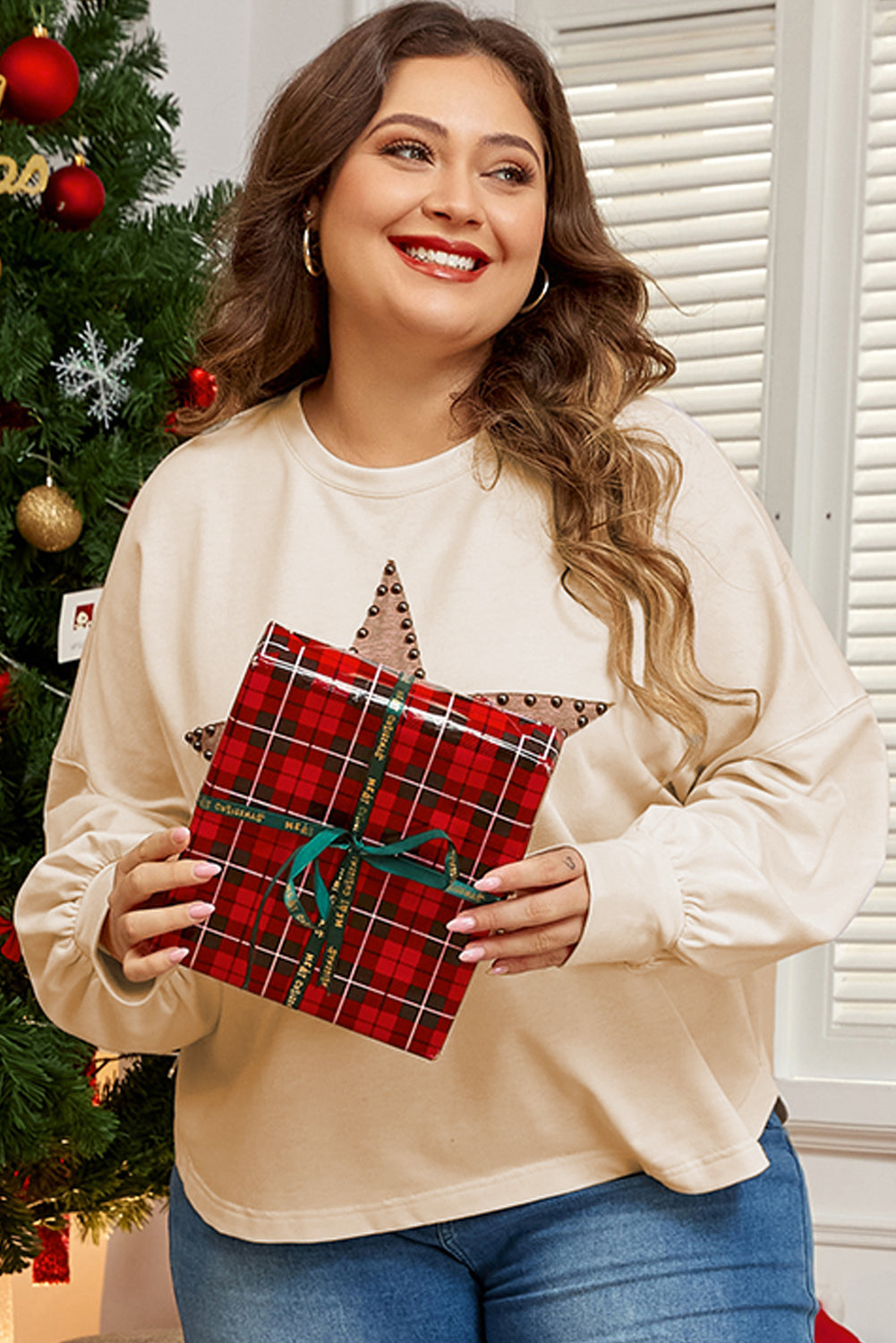 Beige Star Shape Studded Crew Neck Plus Size T-Shirt