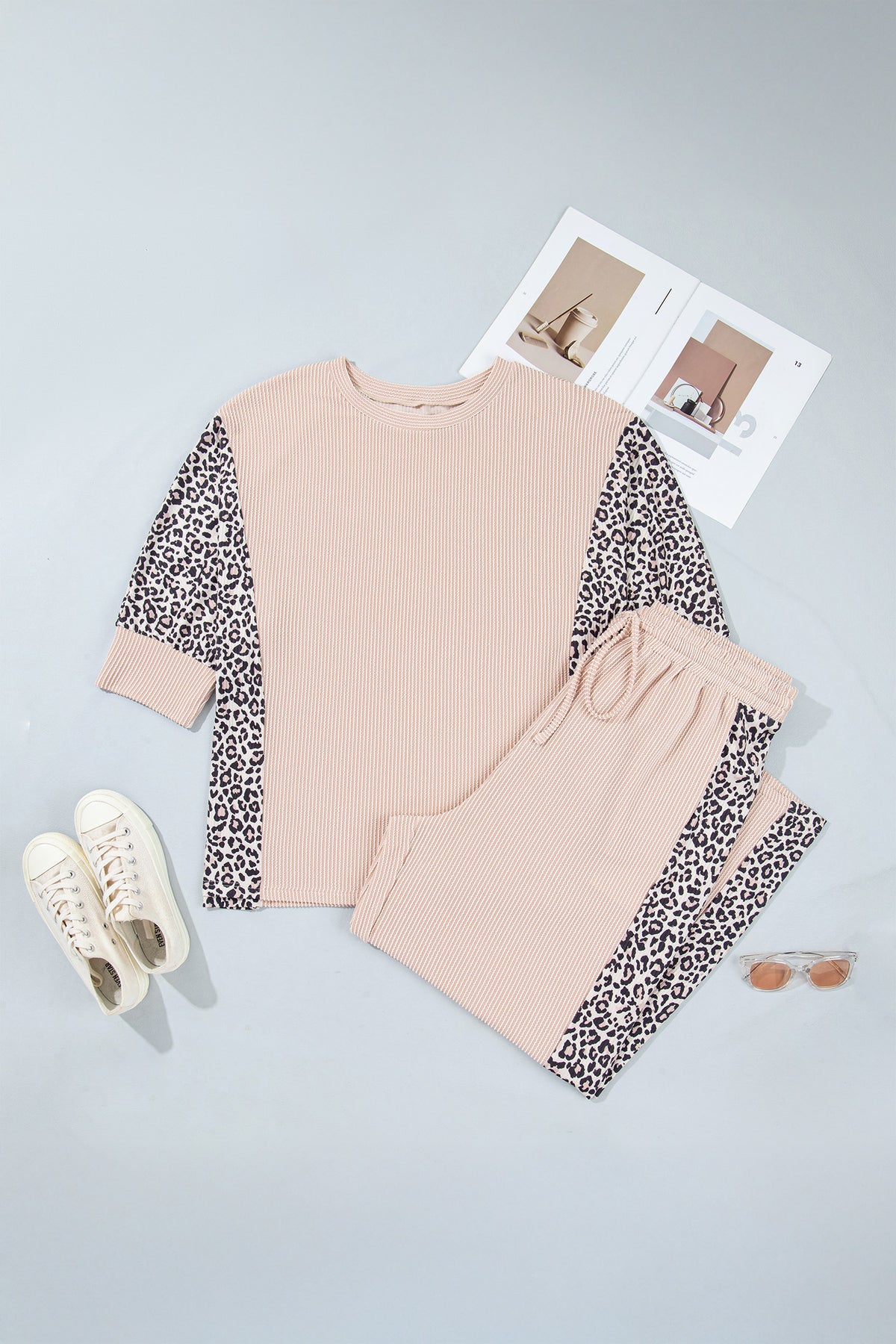 Light French Beige Leopard Print Ribbed Twist Long-Sleeve Top Pants Plus Size Set