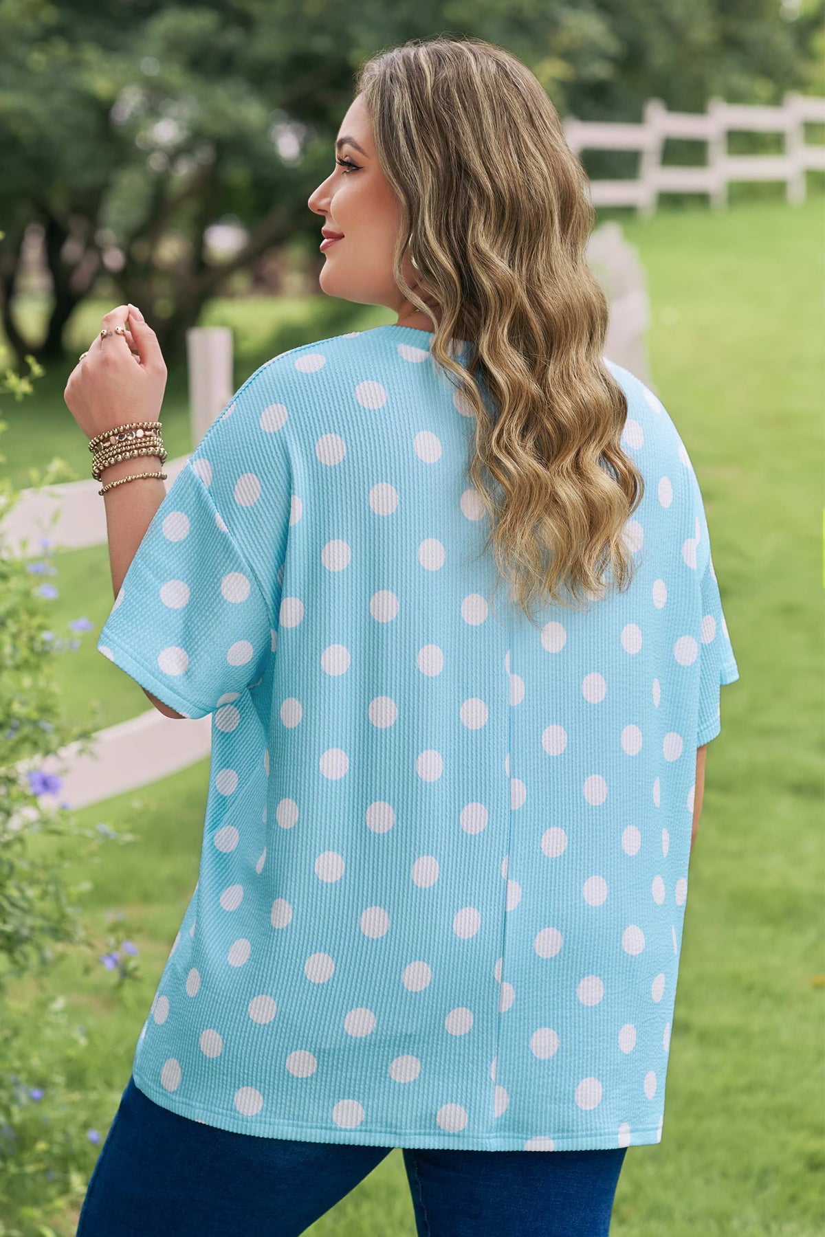 Pink Twisted Rib Polka Dot Print Plus Size T-Shirt