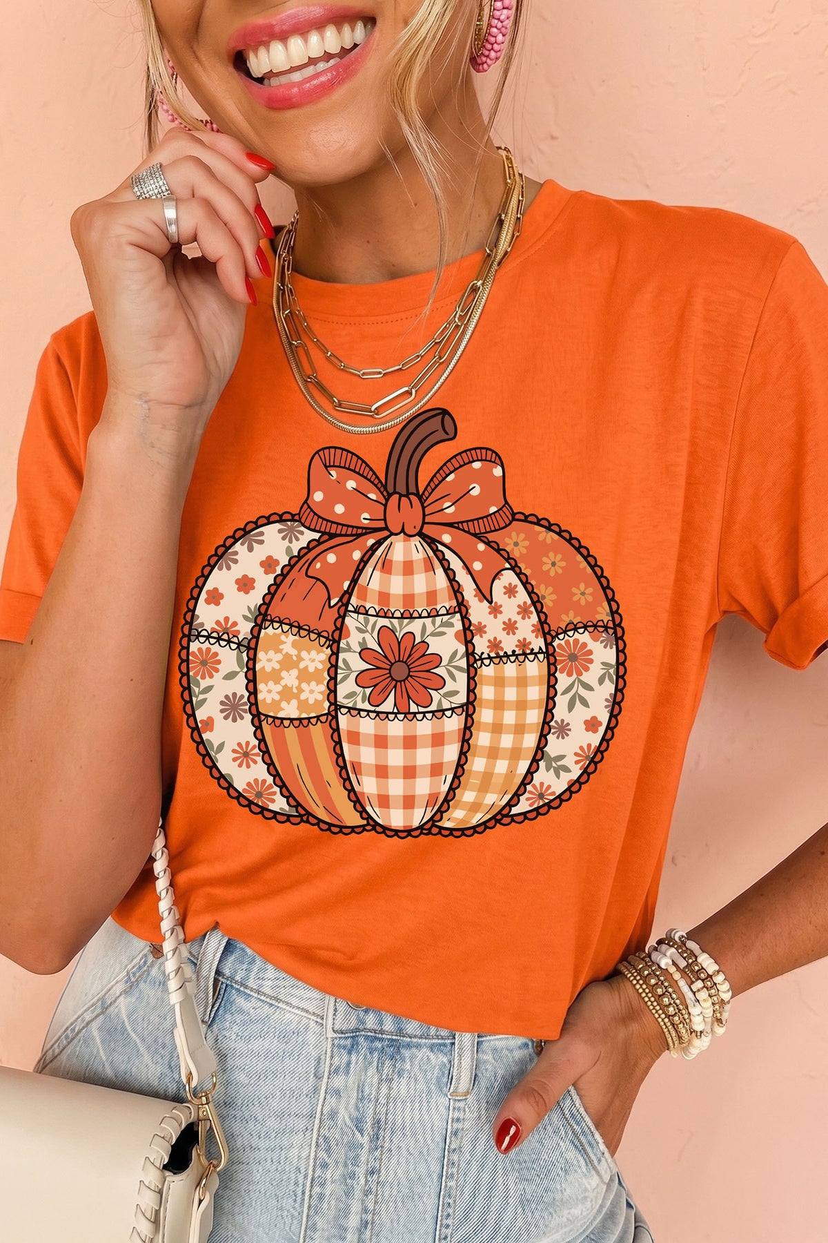 Orange Patchwork Pumpkin Graphic Print Crewneck T-Shirt