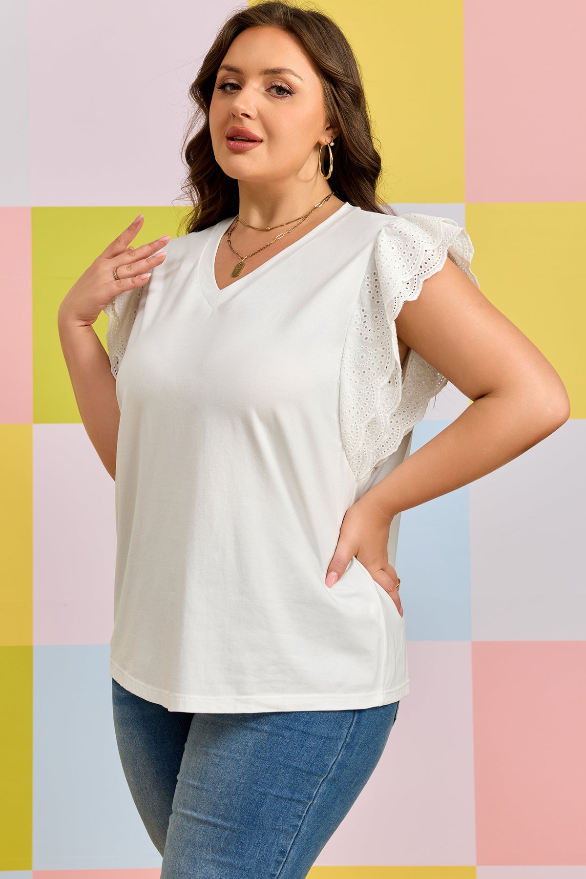 White Eyelet Crochet Splicing Short-Sleeve Plus Size Tee
