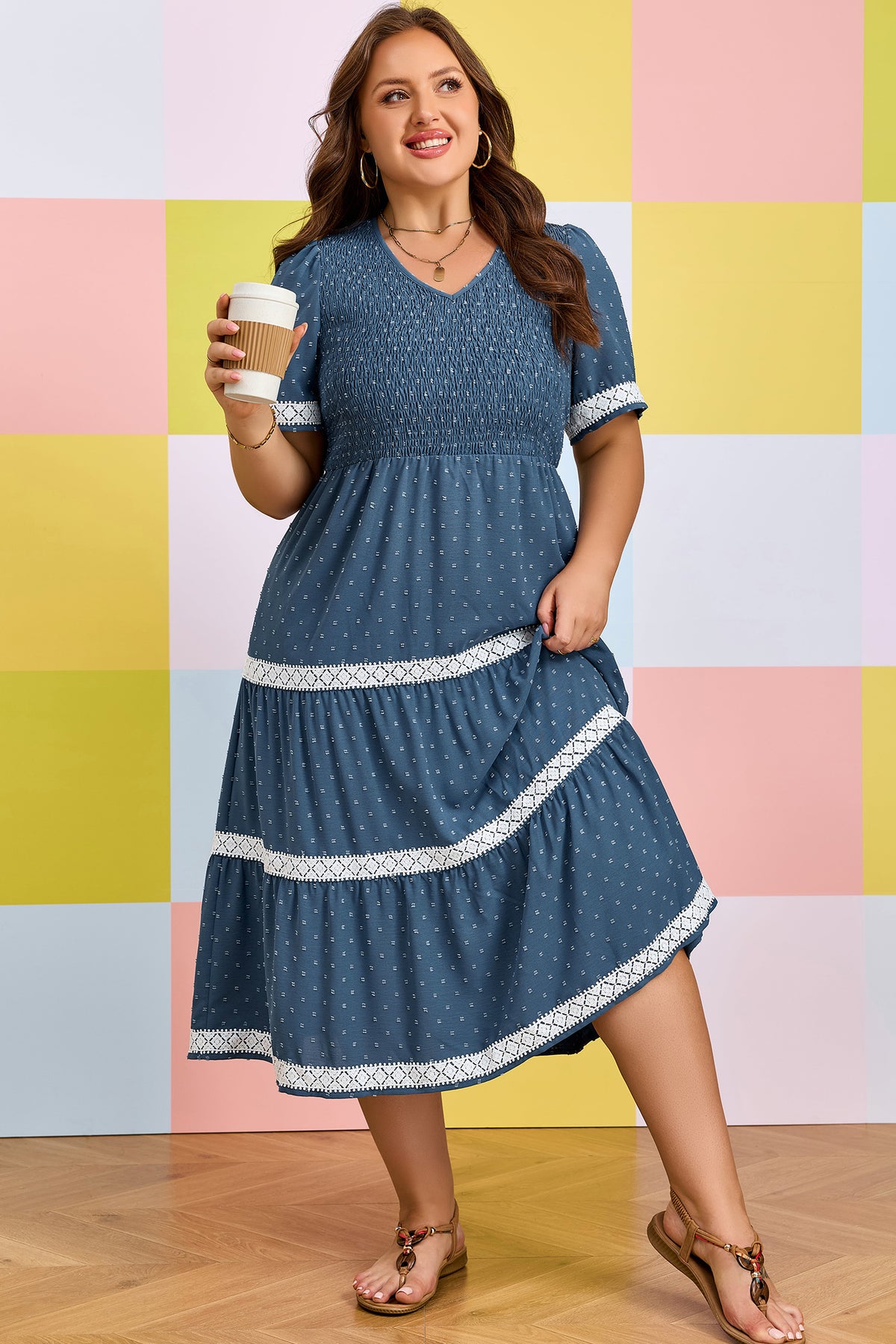 Dusk Blue Plus Size V-Neck Swiss Dot Lace Patchwork Detail Flared Midi Dress