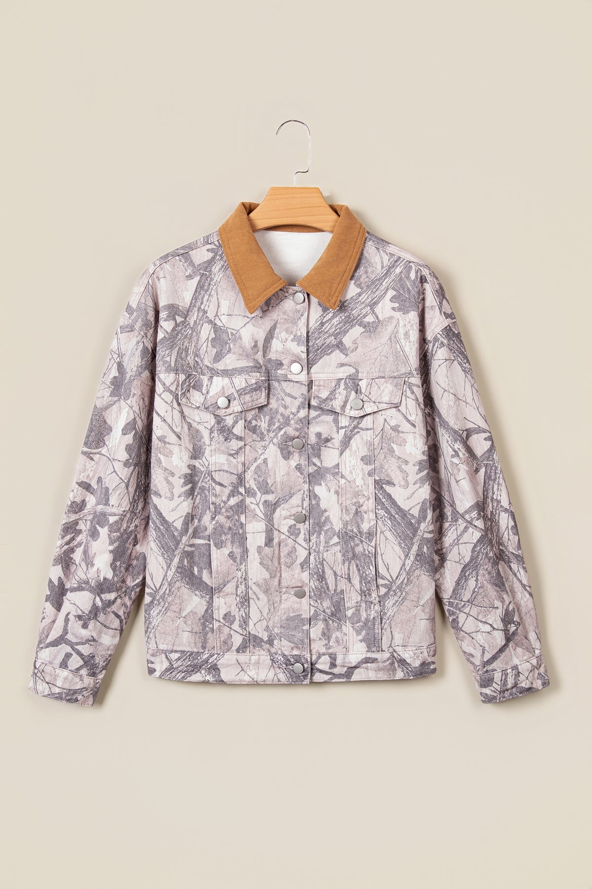 Gray Abstract Camo Print Colorblock Collar Oversized Denim Jacket