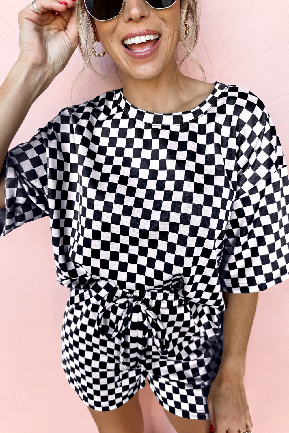 Black Checkered Top and Shorts Casual Lounge Set