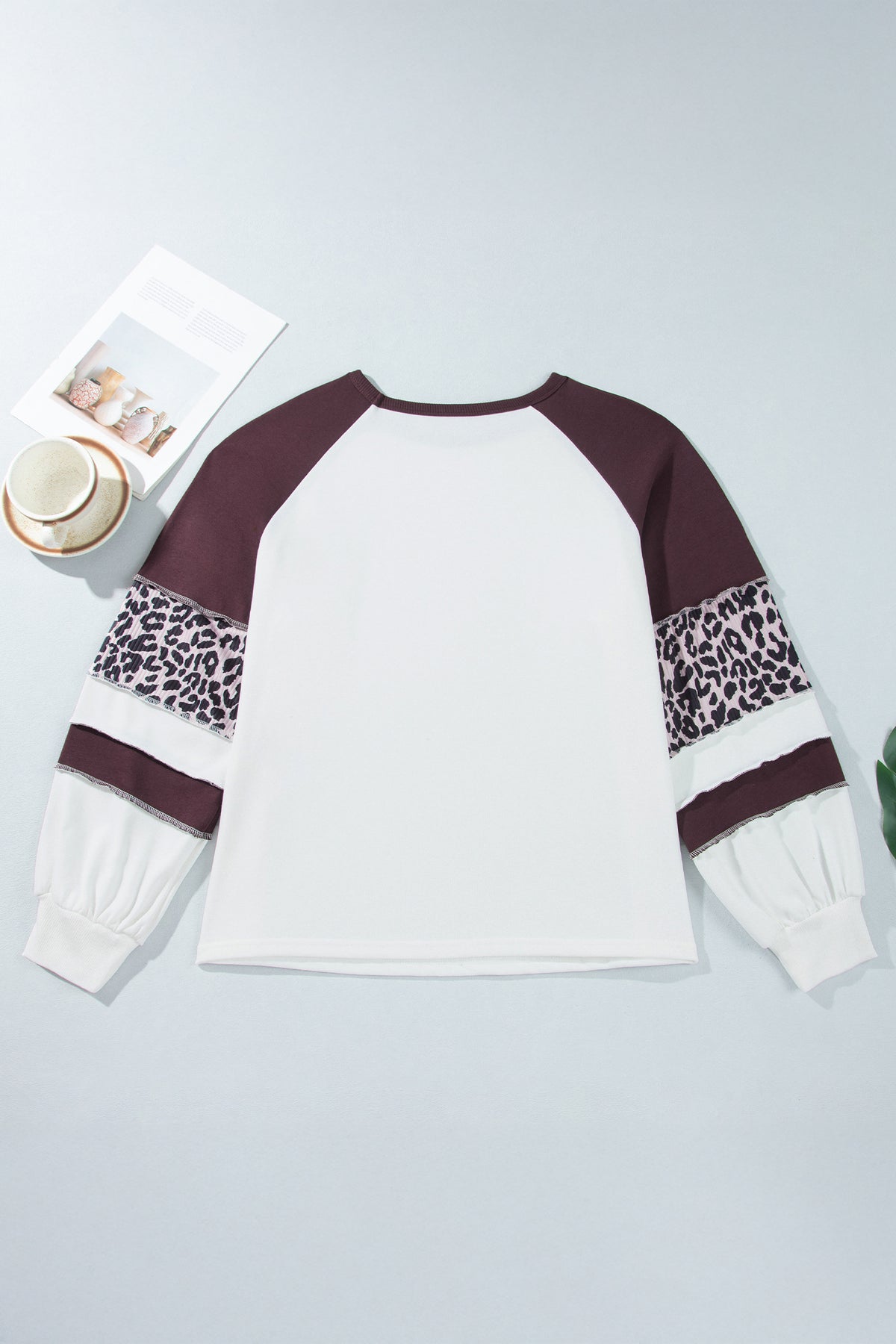 Beige Leopard Print Color-Block Round-Neck Long-Sleeve Plus Size Blouse