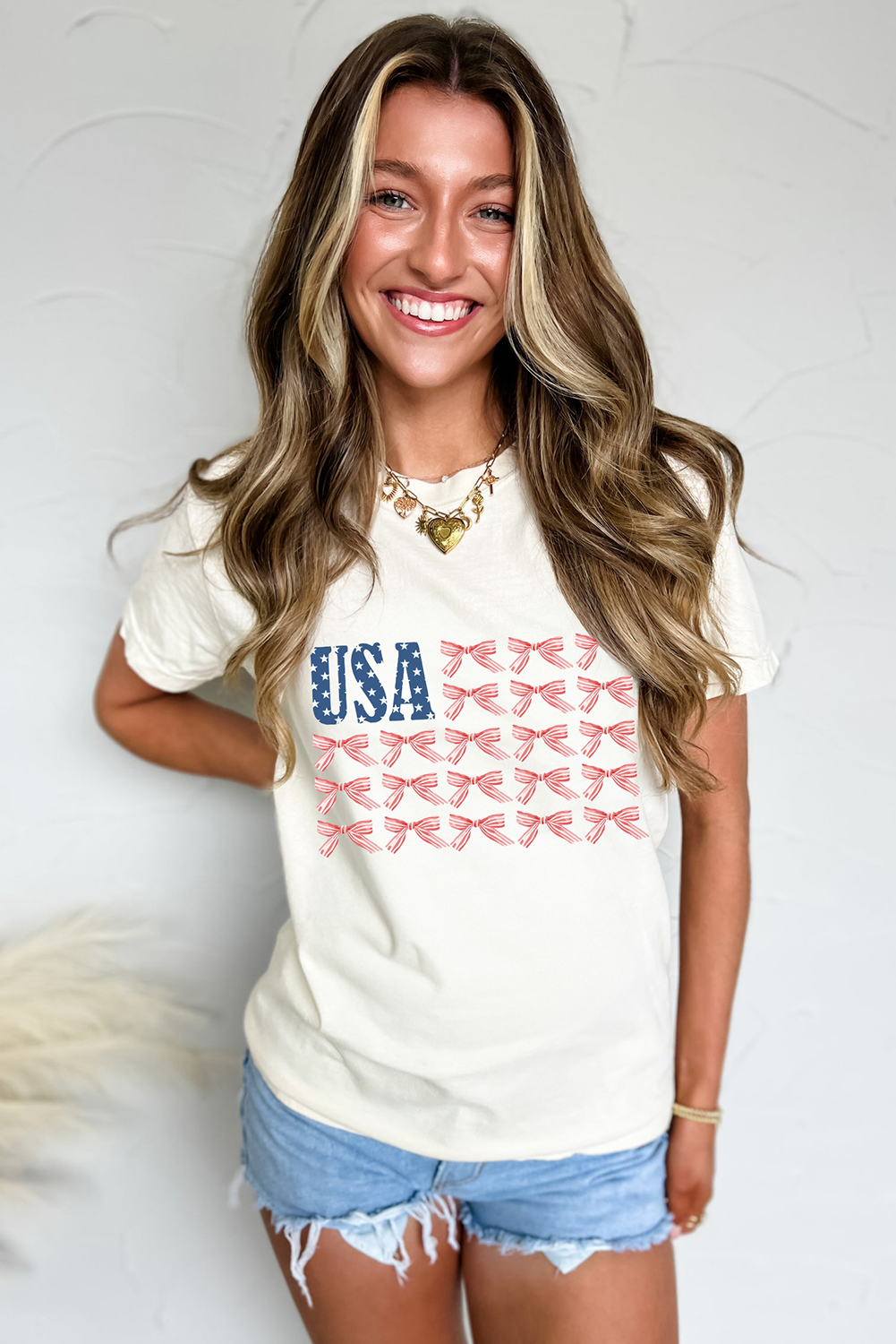 White USA Flag Bow Knot Print Round Neck T-Shirt