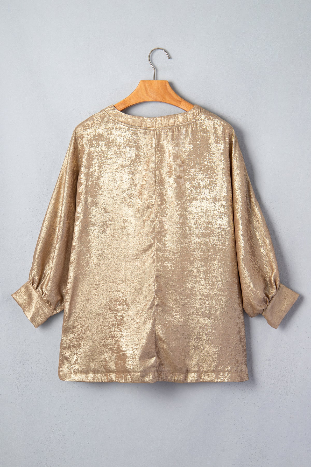 Parchment Metallic V Neck Button Cuffed Dolman Blouse