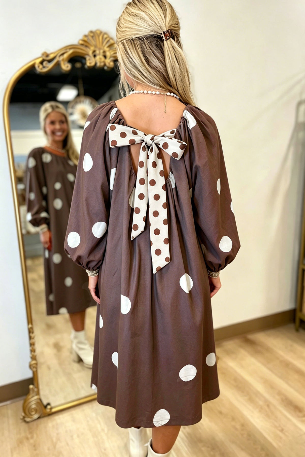 Brown Polka Dot Bow Midi Dress