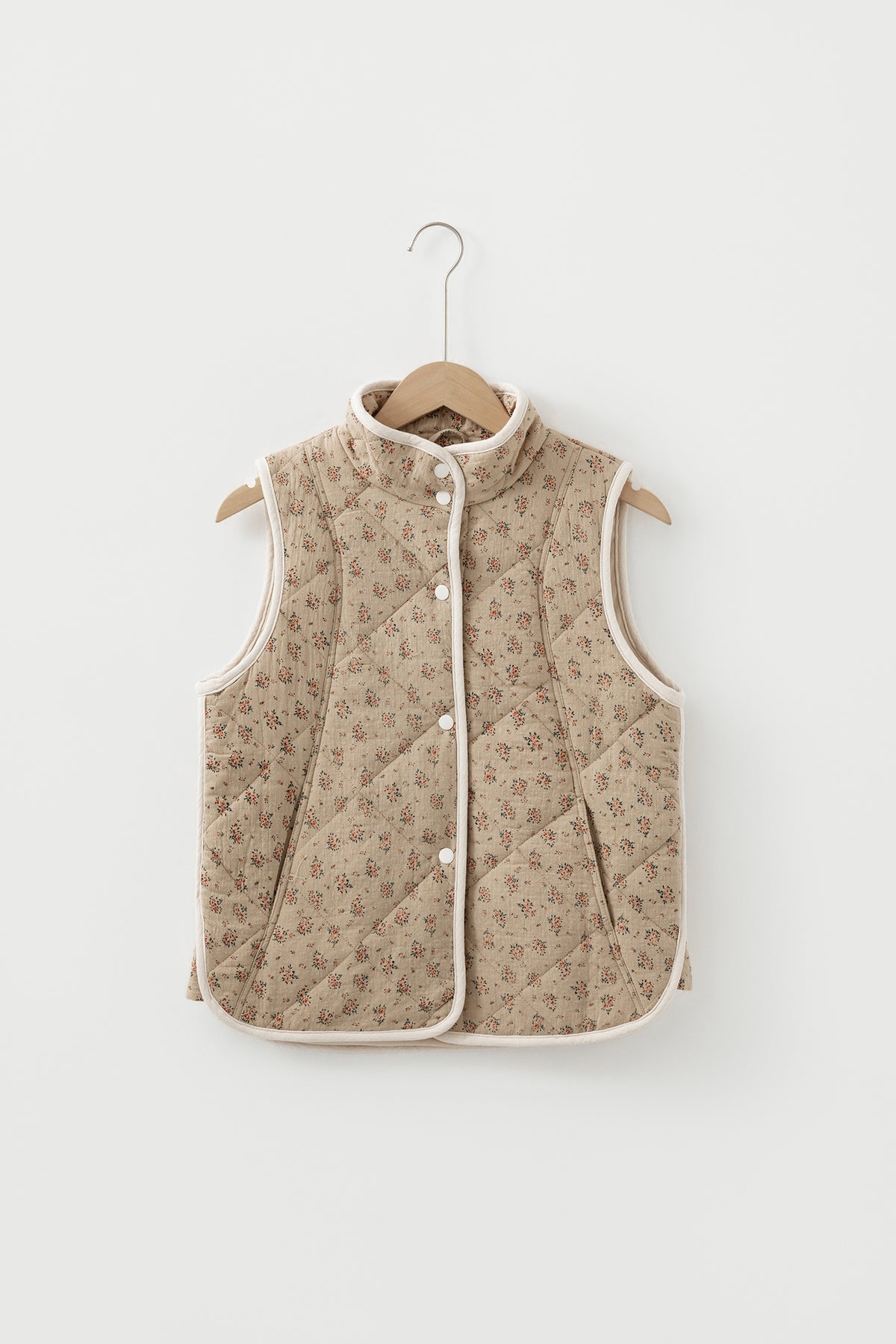 Khaki Floral Print Quilted Concealed Button Vest