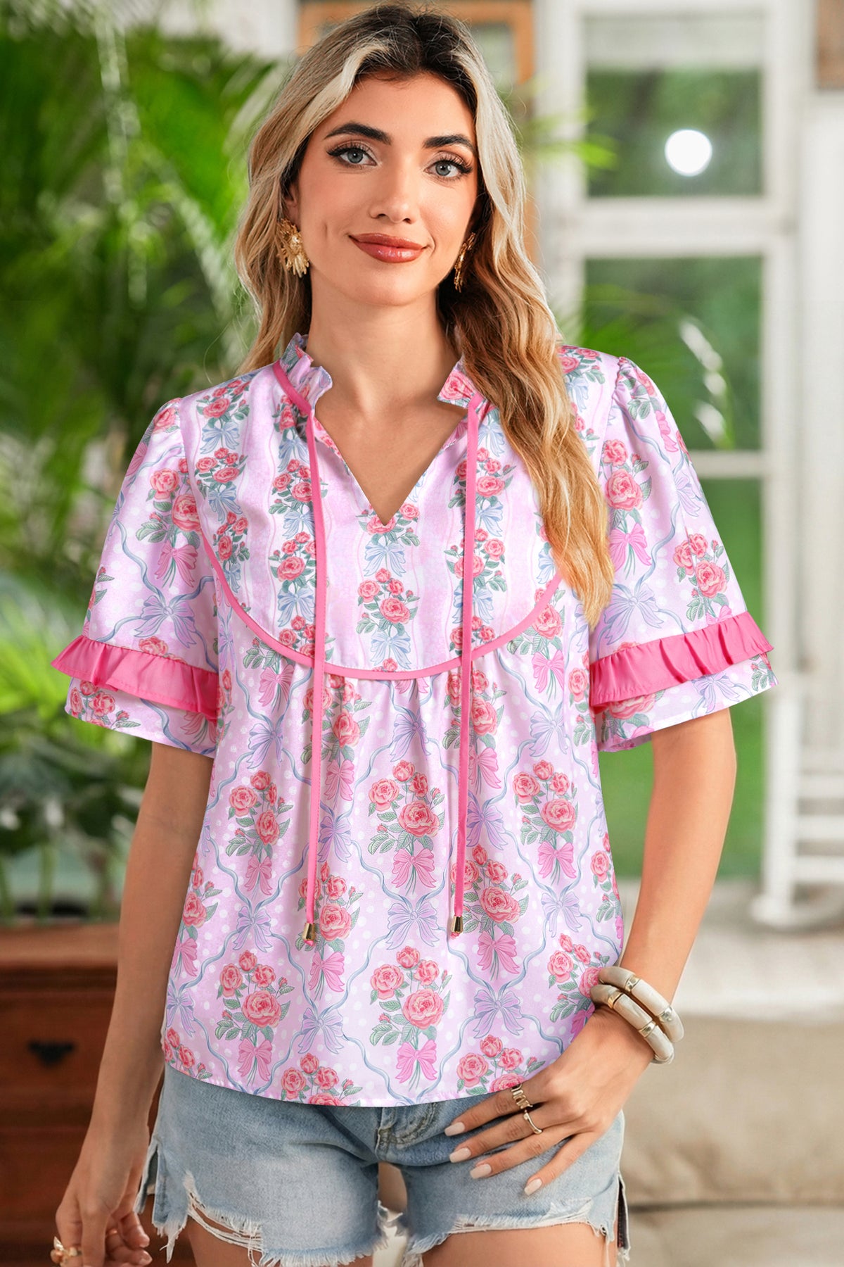 Purple Coquette Floral Bow Contrast Ruffled Short Sleeve Blouse