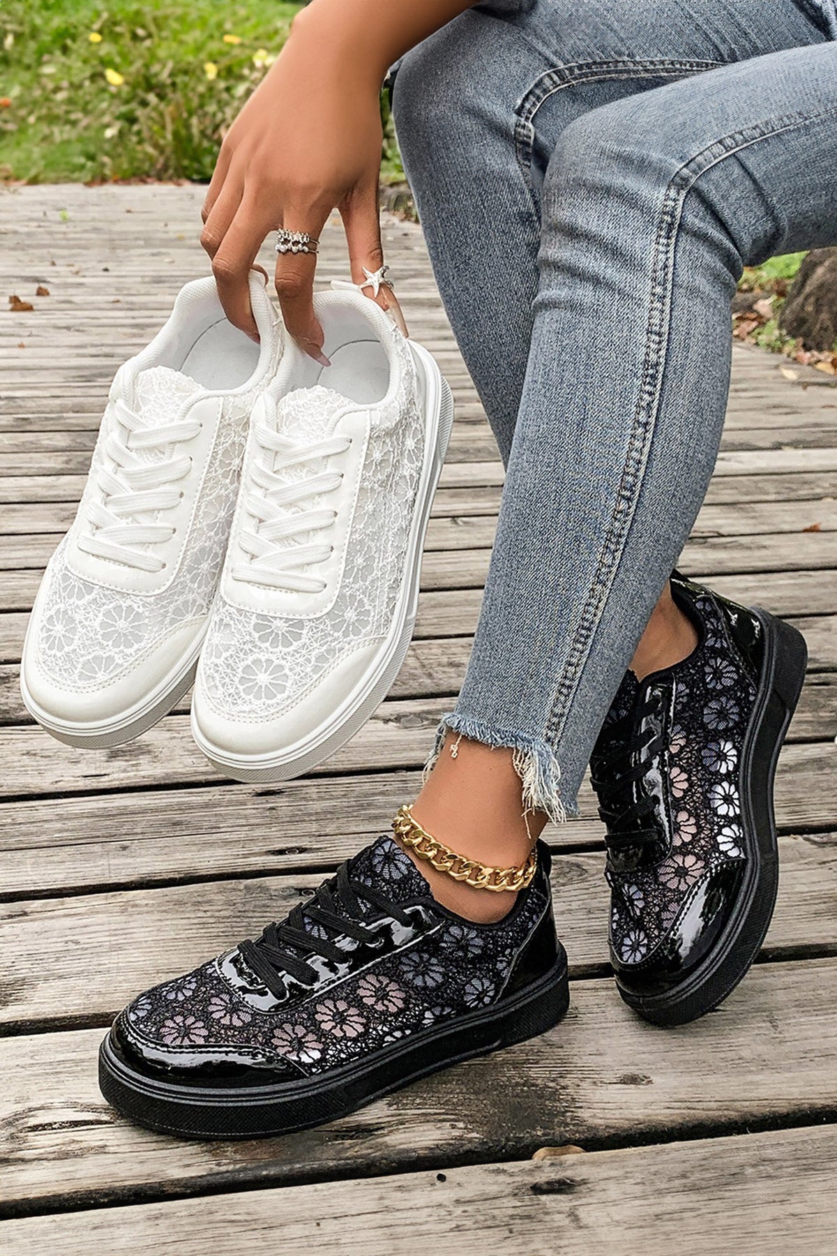 black Sheer Floral Lace Slip-On Casual Sneakers