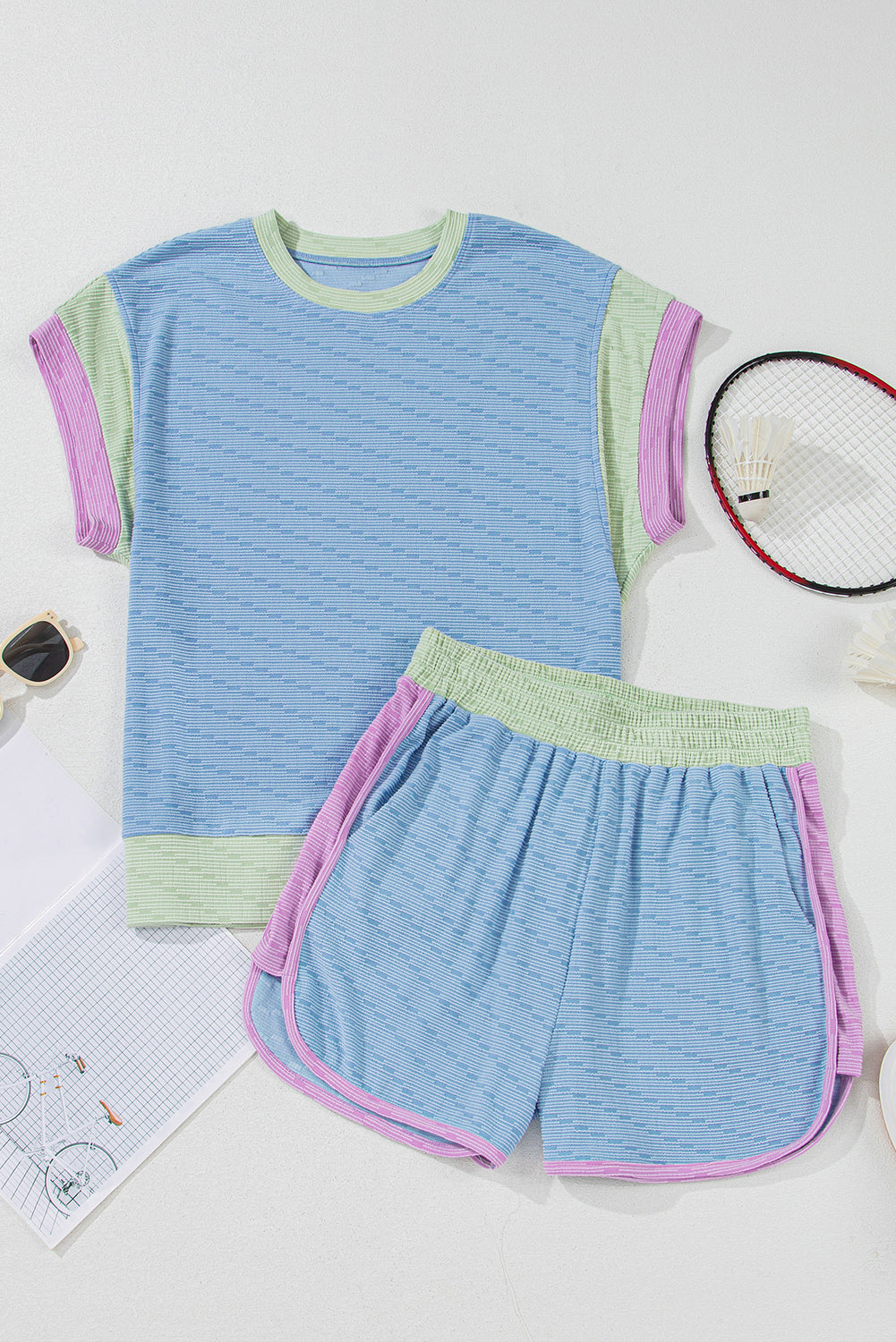 Women's Beau Blue Corded Knit Contrast Trim Round Neck Cap Sleeve Two-Piece Shorts Two-Piece Se