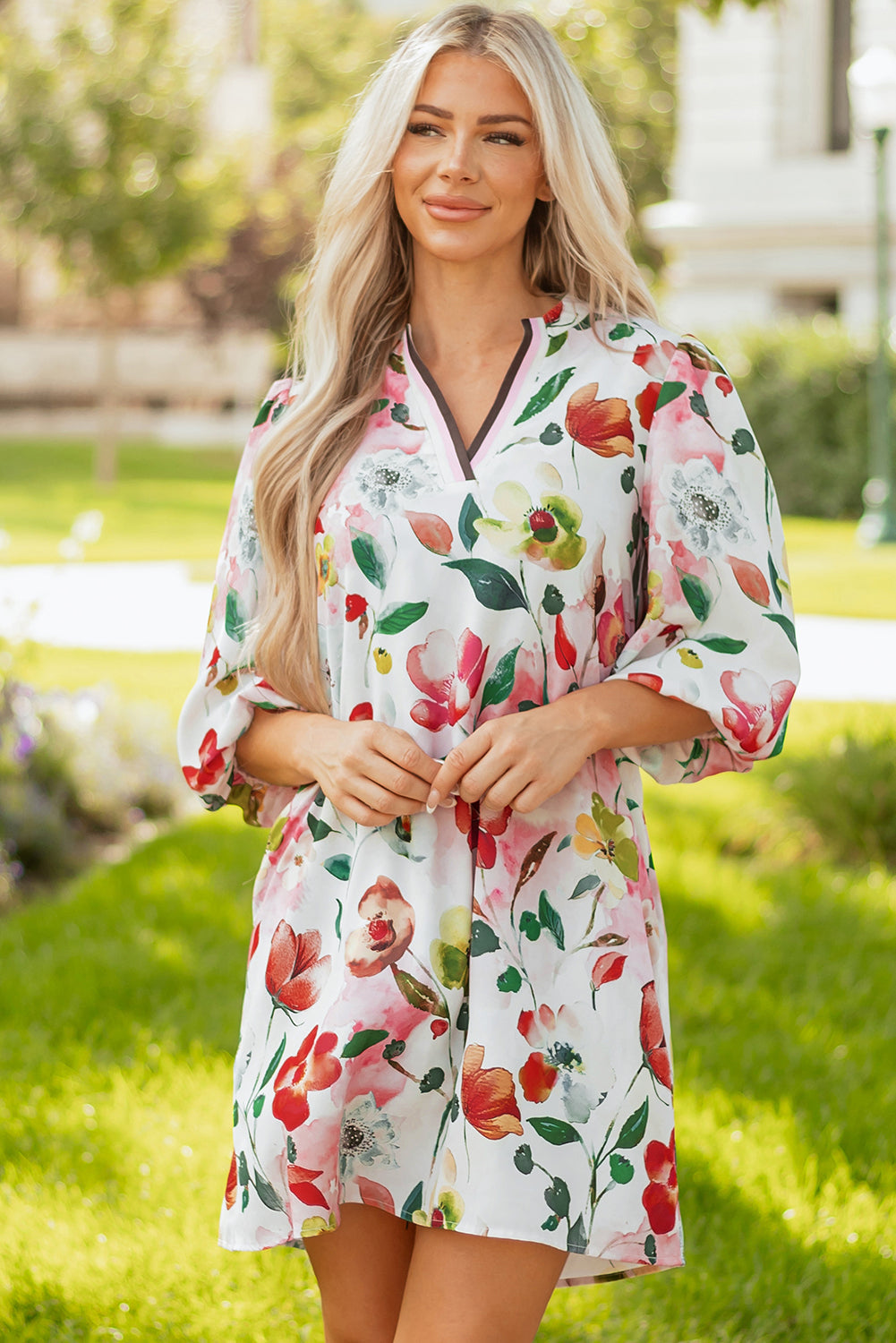 Red Floral Contrast Striped V Neck Puff Half Sleeve Shift Dress