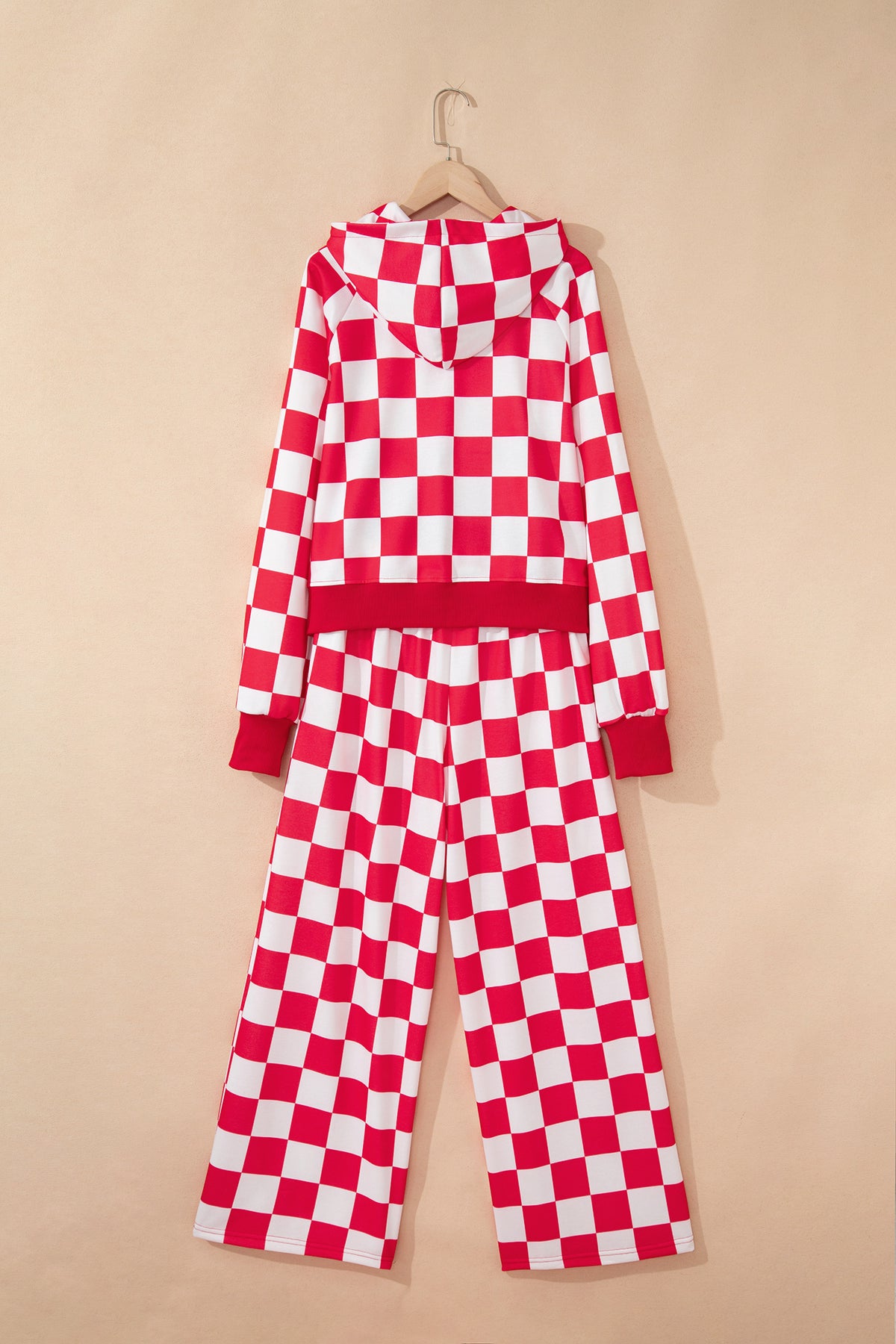 Women's Red Checkered Print Half Zip Hoodie Pants Two-Piece Set