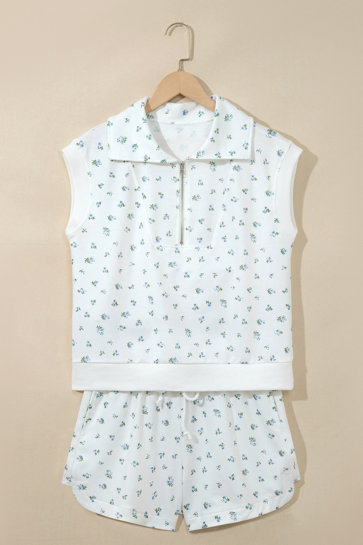 Women's White Floral Print Half Zip Top Matching Shorts Set