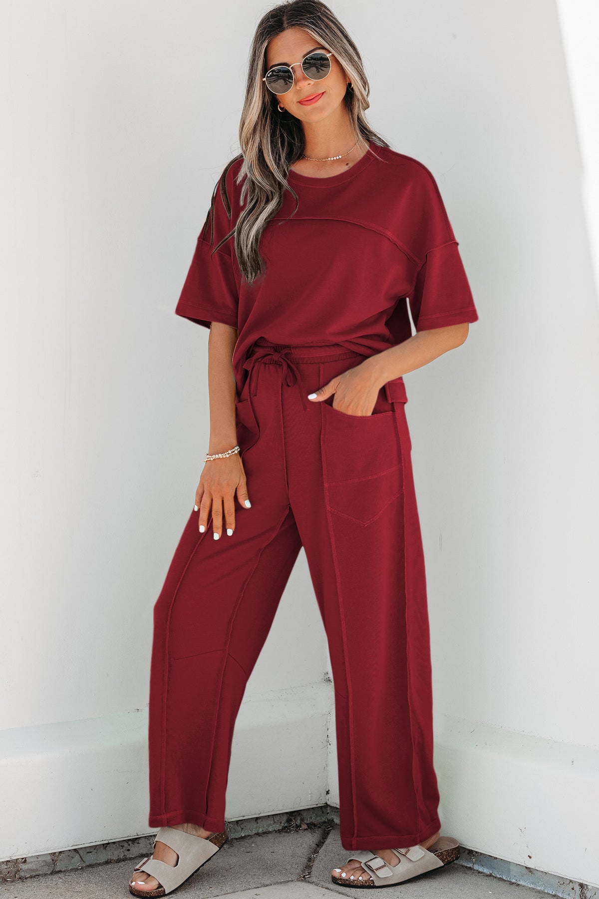 Women's Rose Red Drop Shoulder Boxy Tee and Barrel Pants Set