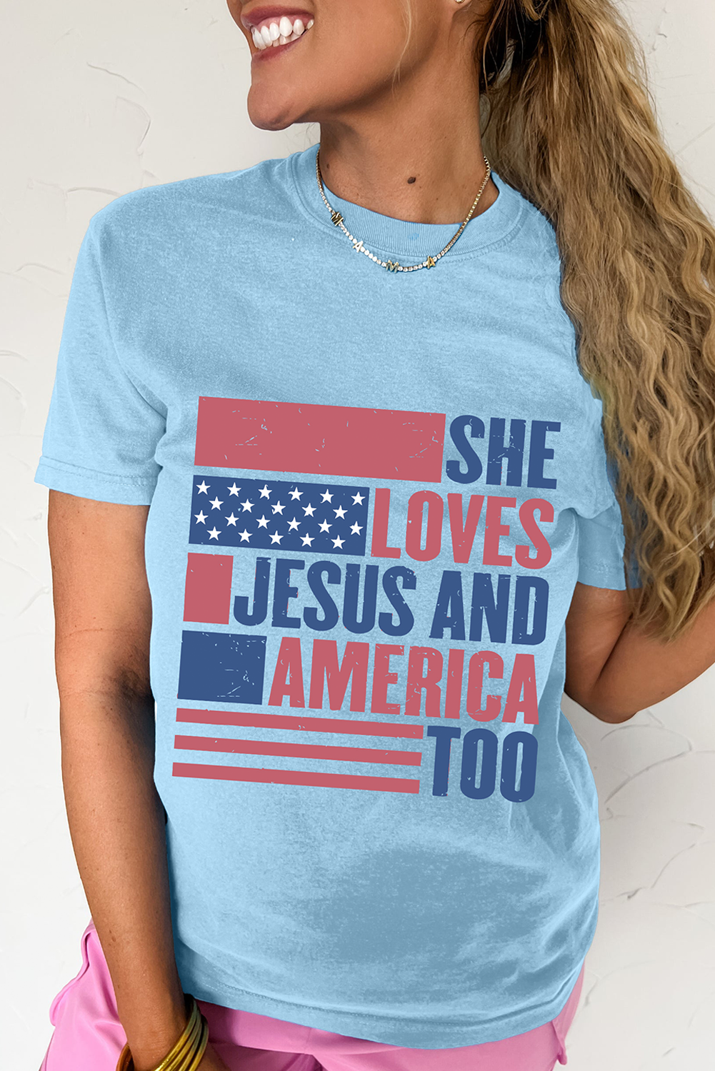 Light Blue SHE LOVES JESUS AND AMERICA TOO Flag Graphic T-Shirt