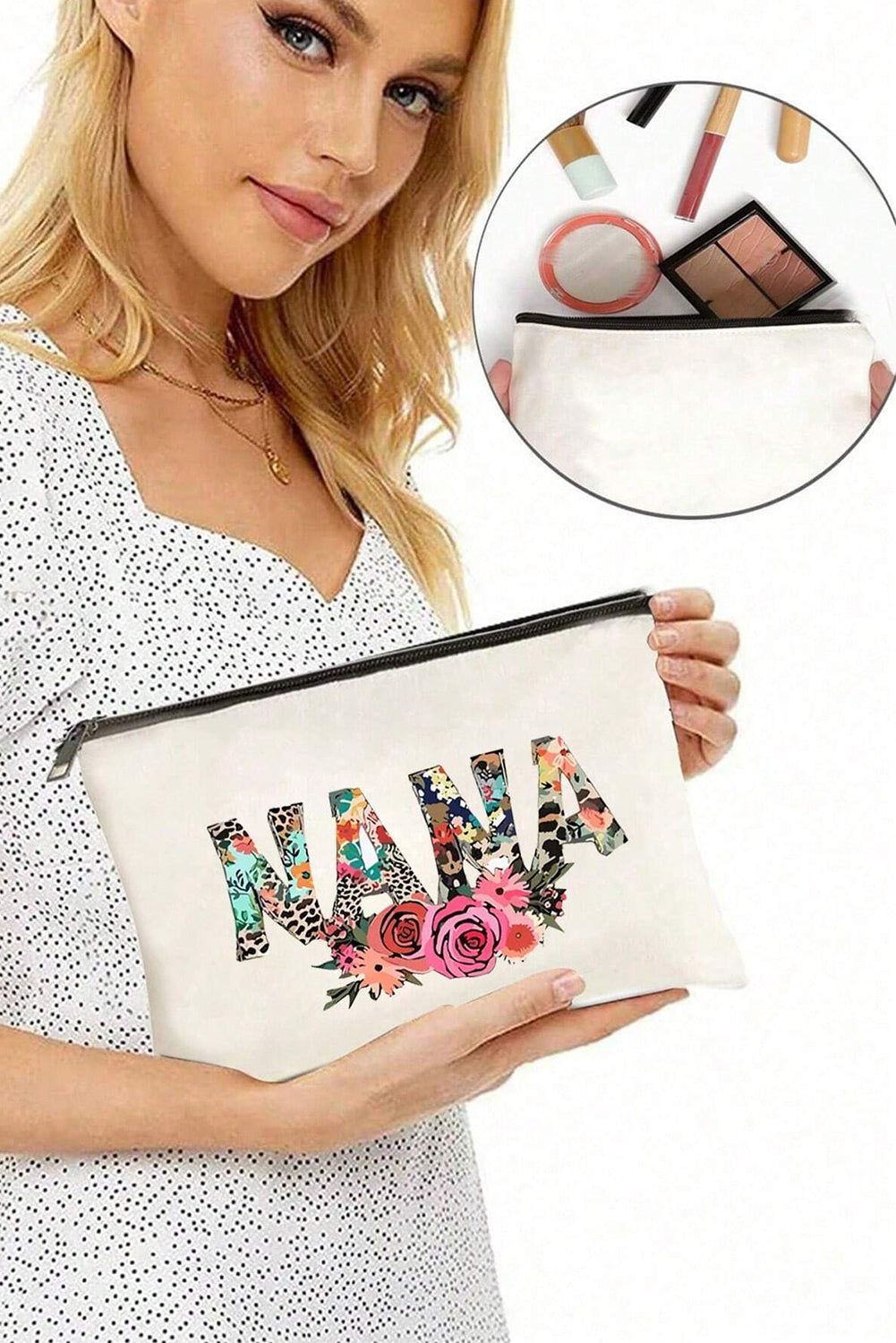 White Leopard Flower NANA Zipper Cosmetic Bag