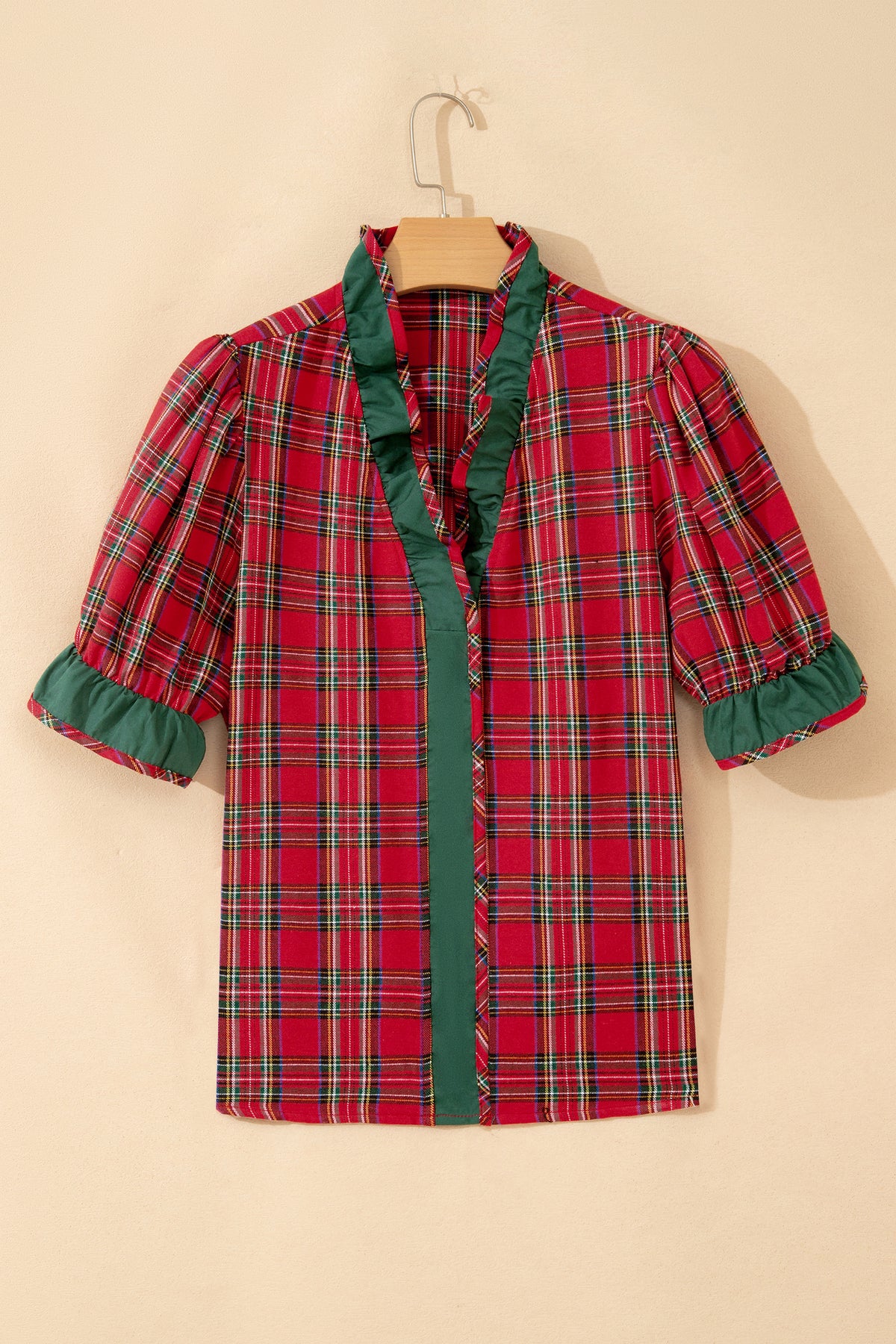 Red Plaid V Neck Ruffle Color Block Short Sleeve Shirt