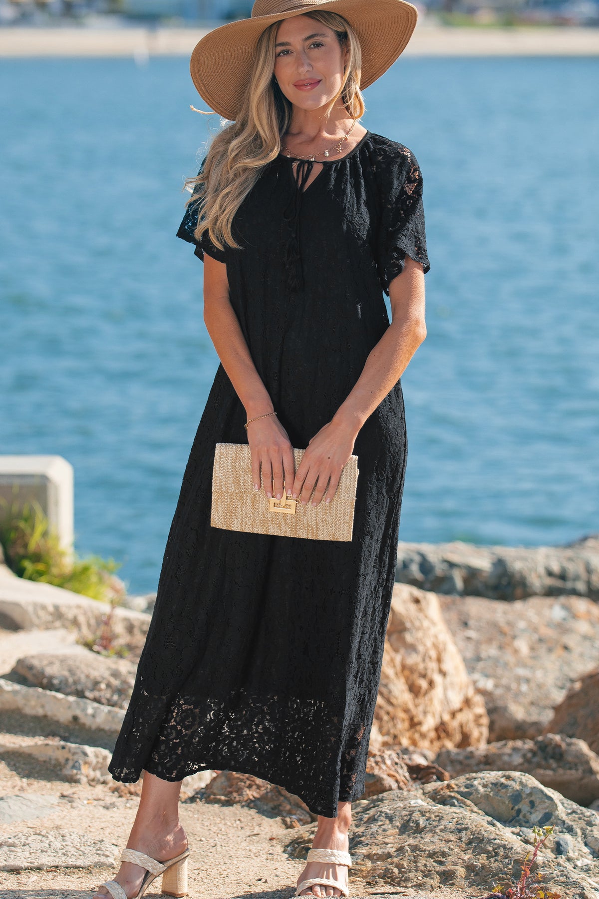 Black Floral Lace Overlay Tassel Tie Beach Vacation Maxi Dress