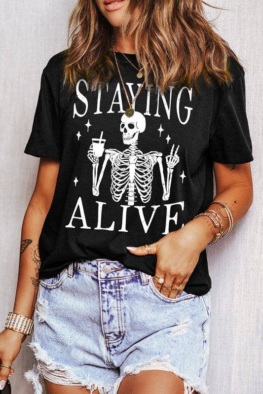 Black STAYING ALIVE Funny Skeleton Print Round Neck T-Shirt