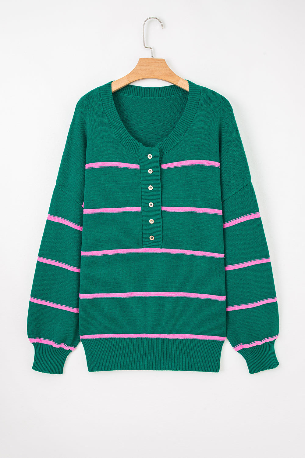 Green Stripe Half Buttons Drop-Shoulder Plus Size Sweater