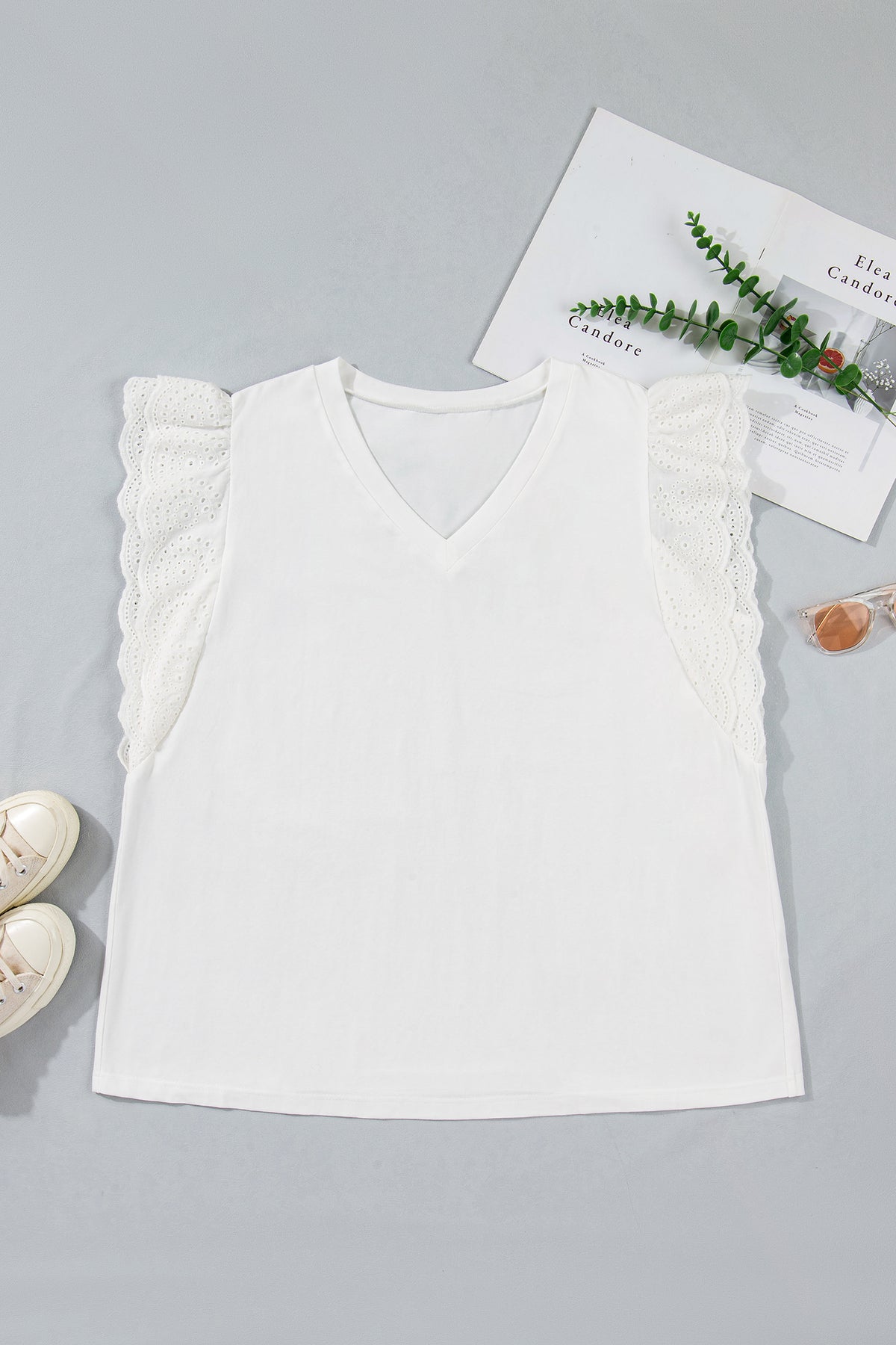 White Eyelet Crochet Splicing Short-Sleeve Plus Size Tee