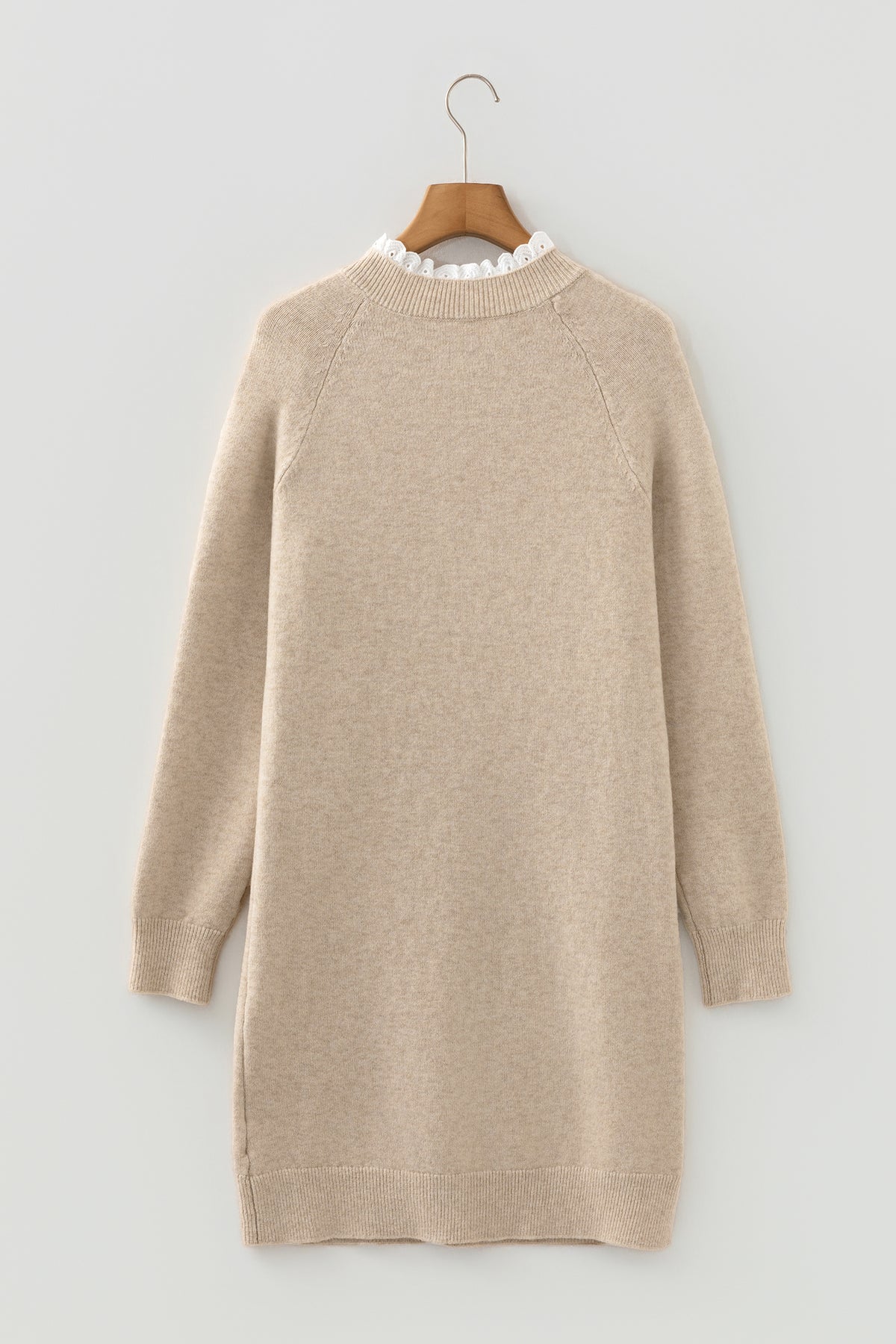 Parchment Button Lace Detail Raglan Sleeve Shift Mini Sweater Dress
