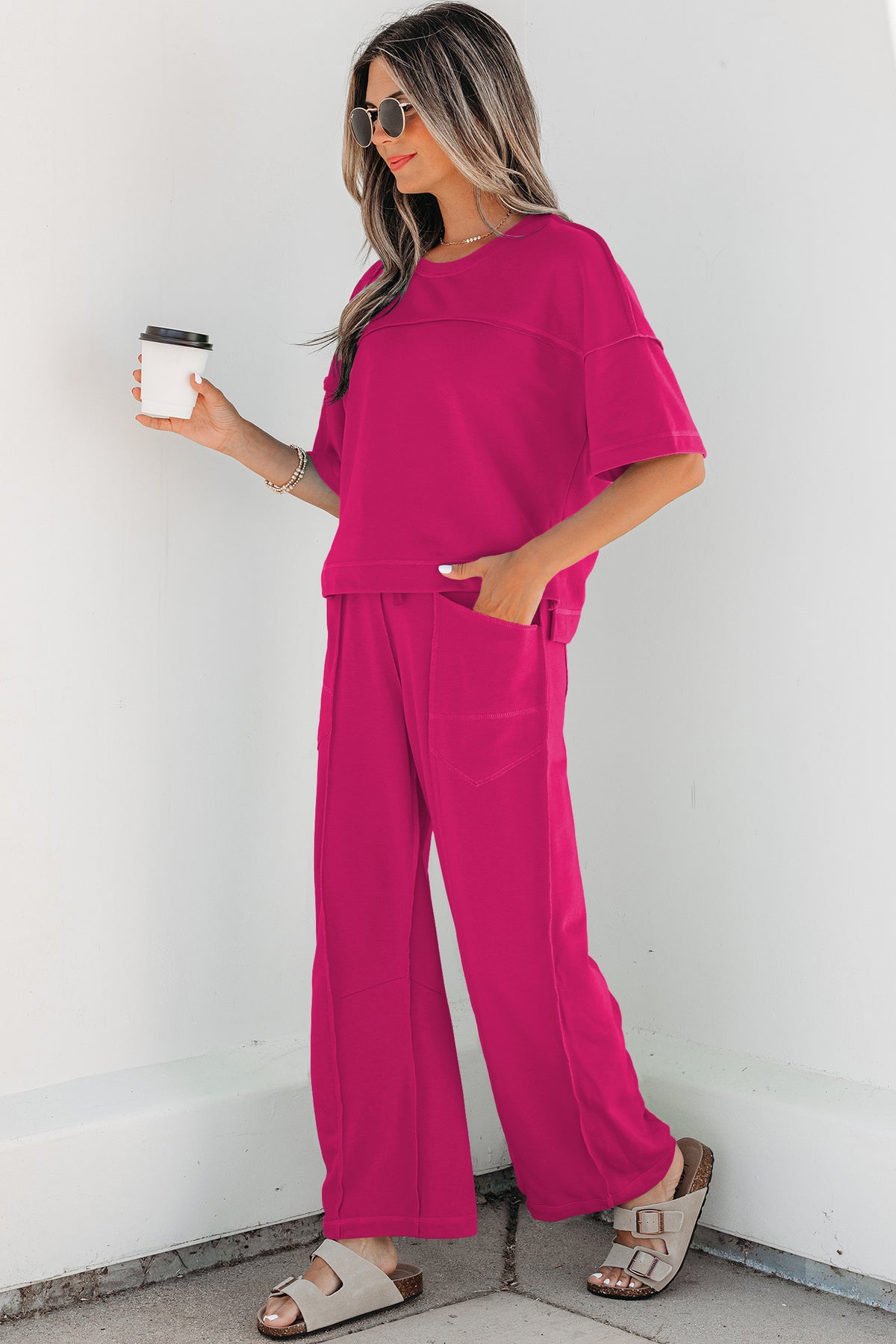 Women's Rose Red Drop Shoulder Boxy Tee and Barrel Pants Set