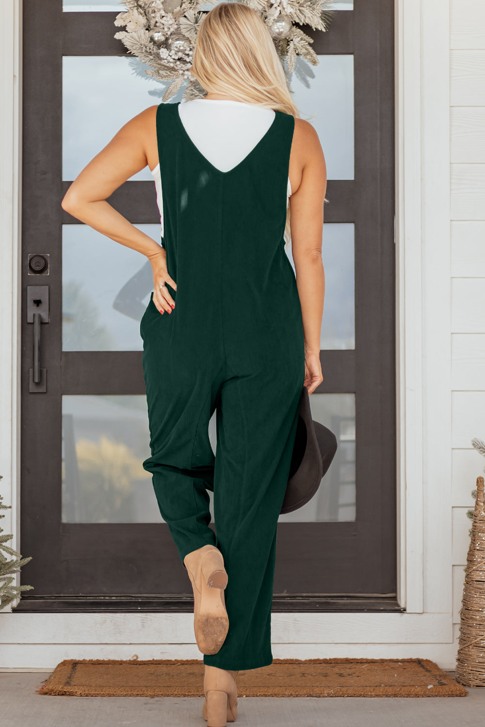 Evergreen Corduroy V Neck Patched Pocket Sleeveless Jumpsuit
