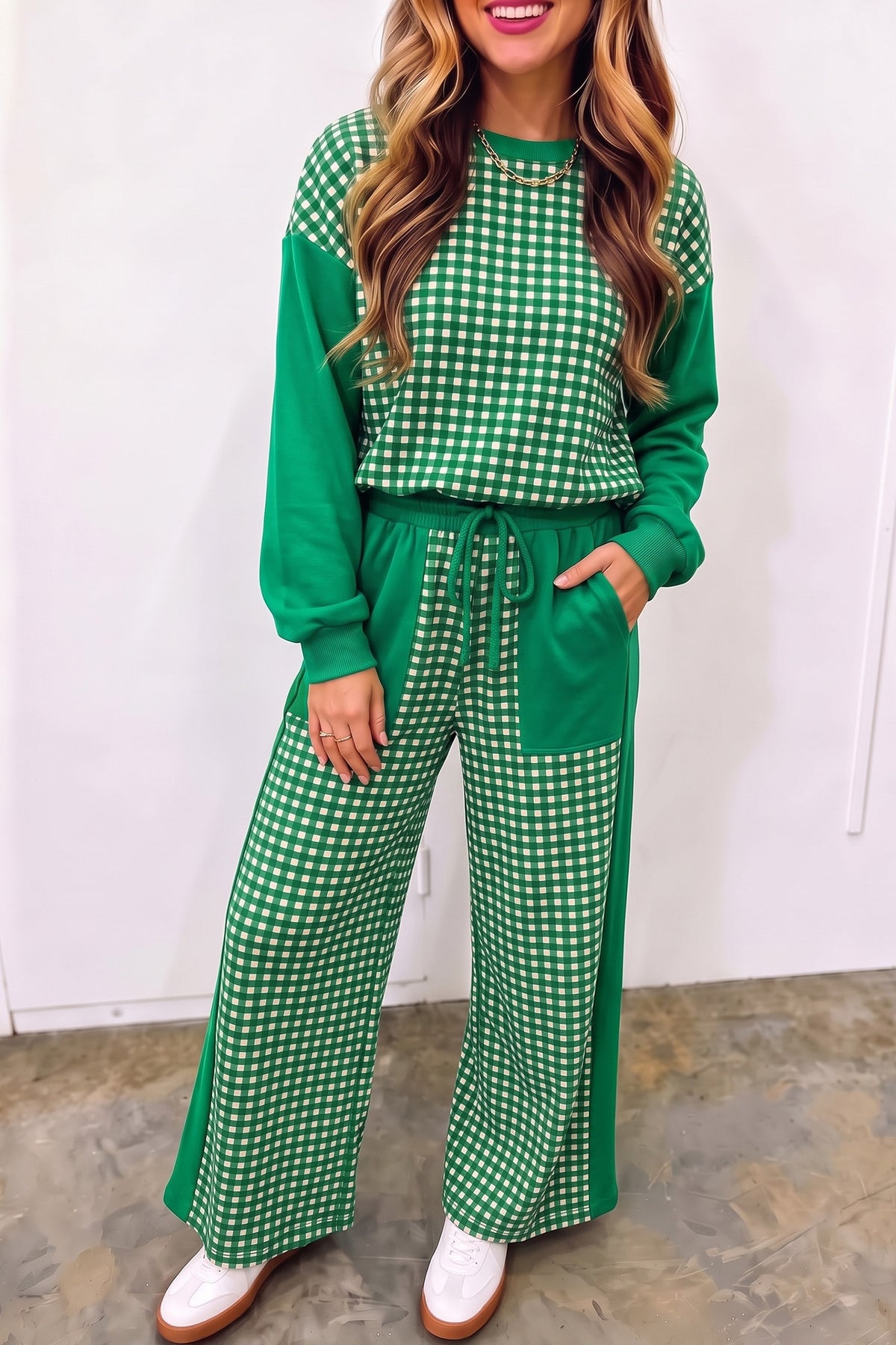 Women's Red Color Block Plaid Patchwork Long-Sleeve Pullover Wide-Leg Pants Set