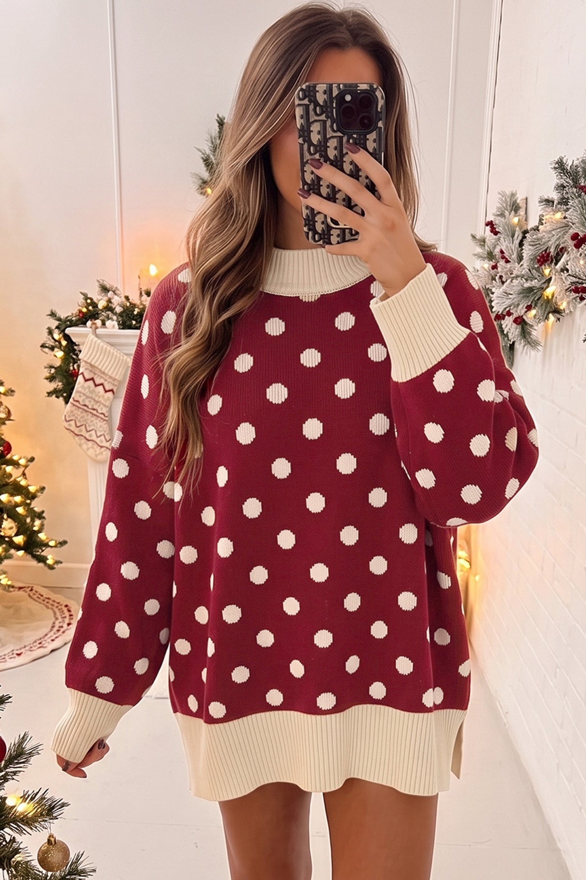 Green Polka Dot Pattern Ribbed Colorblock Trim Split Tunic Sweater