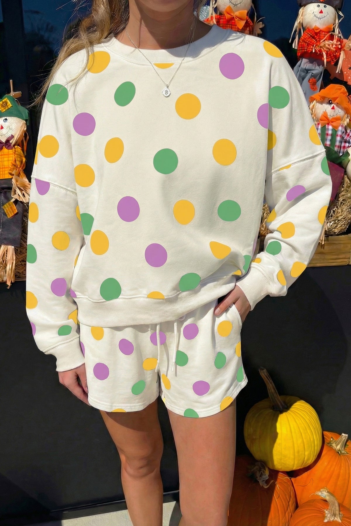 Women's Beige Polka Dot Print Drop Shoulder Pullover Drawstring Shorts Set