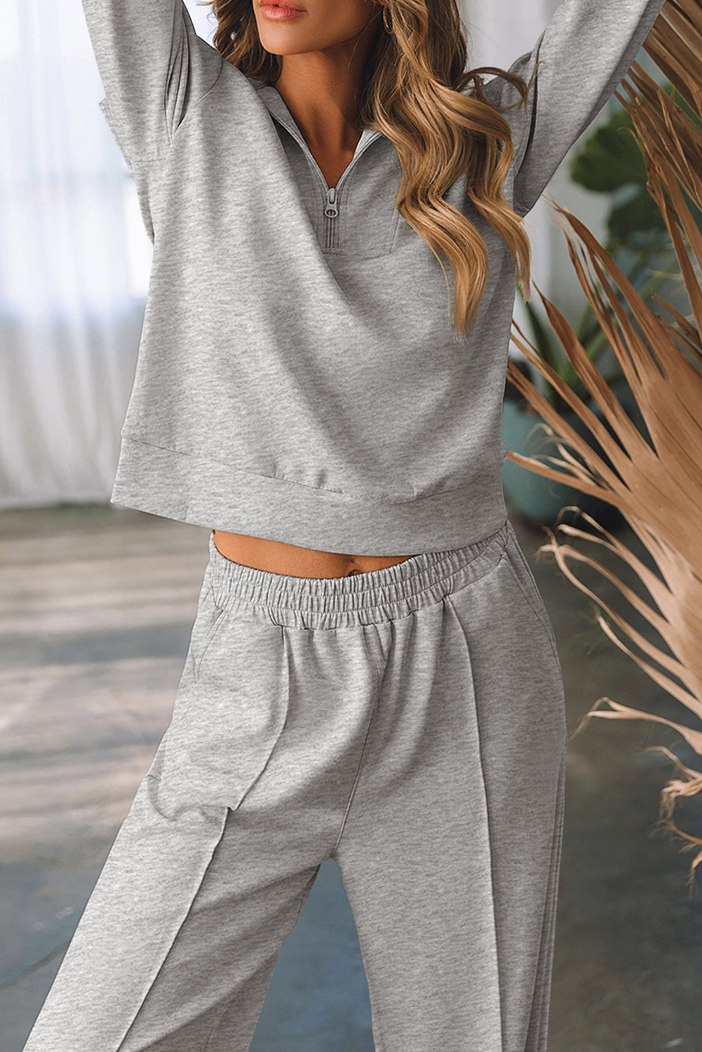 Women's Light Grey Solid Zip Sailor Collar Pullover Athleisure Sweatpants Two-Piece Set