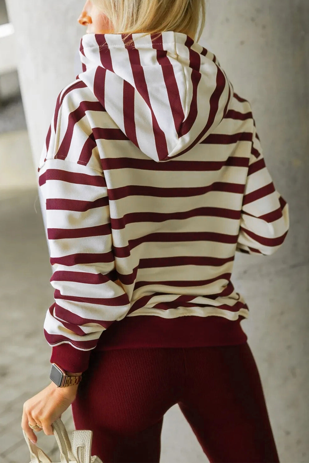 Women's Red Stripe Pullover Hoodie Ribbed Solid Pants Two-Piece Set Outfit