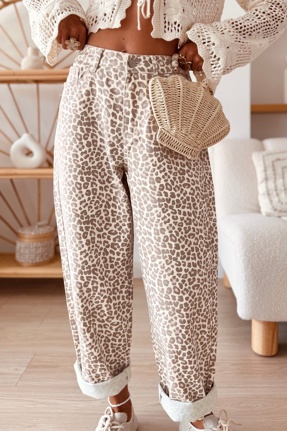 Gray Leopard Print High Rise Relaxed Jeans