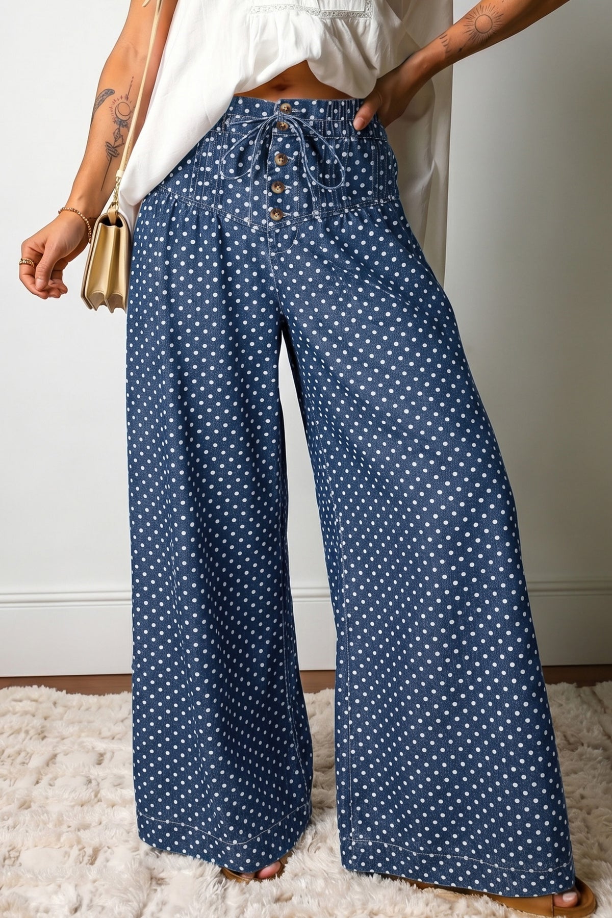 Sky Blue Polka Dot Print Button Pleated Wide Leg Jeans